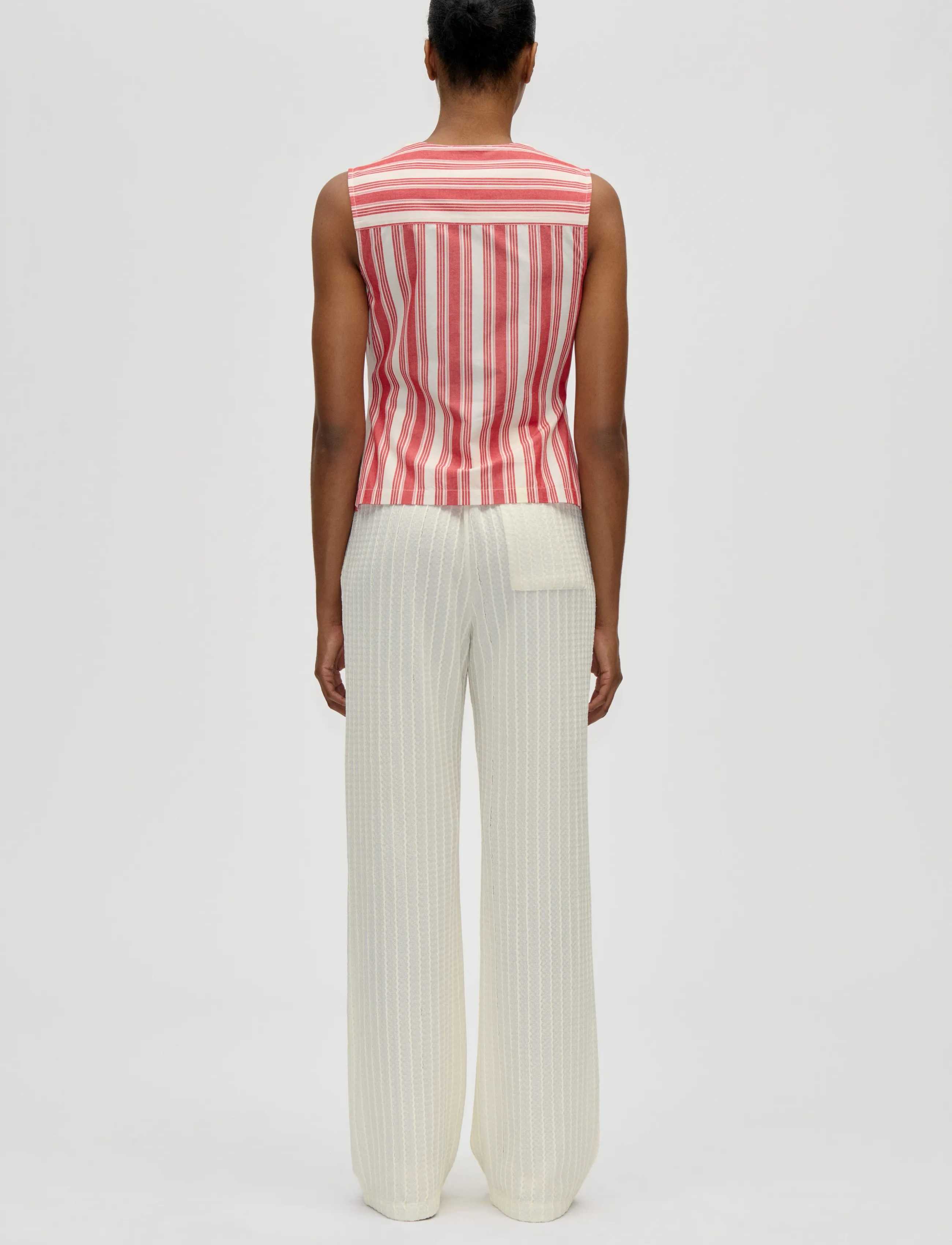 STINE GOYA - Striped Embroidered Cotton, Tie Front Vest - sleeveless blouses - scarlet trot - 3