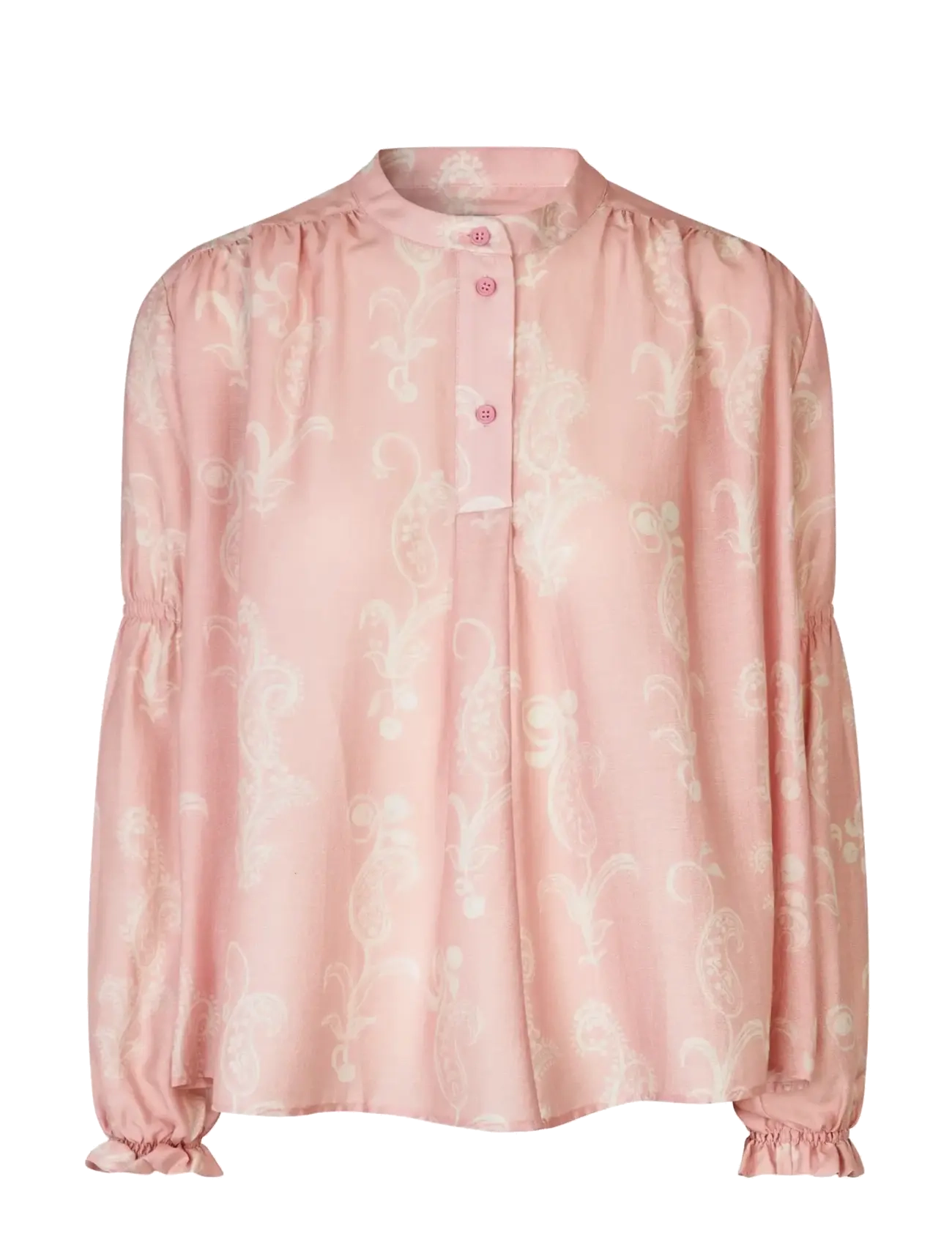 STINE GOYA Tencel, Elasticated Long Sleeve Top - Transitional Layering - CHERRIES ON A PAISLEY / pink/rose