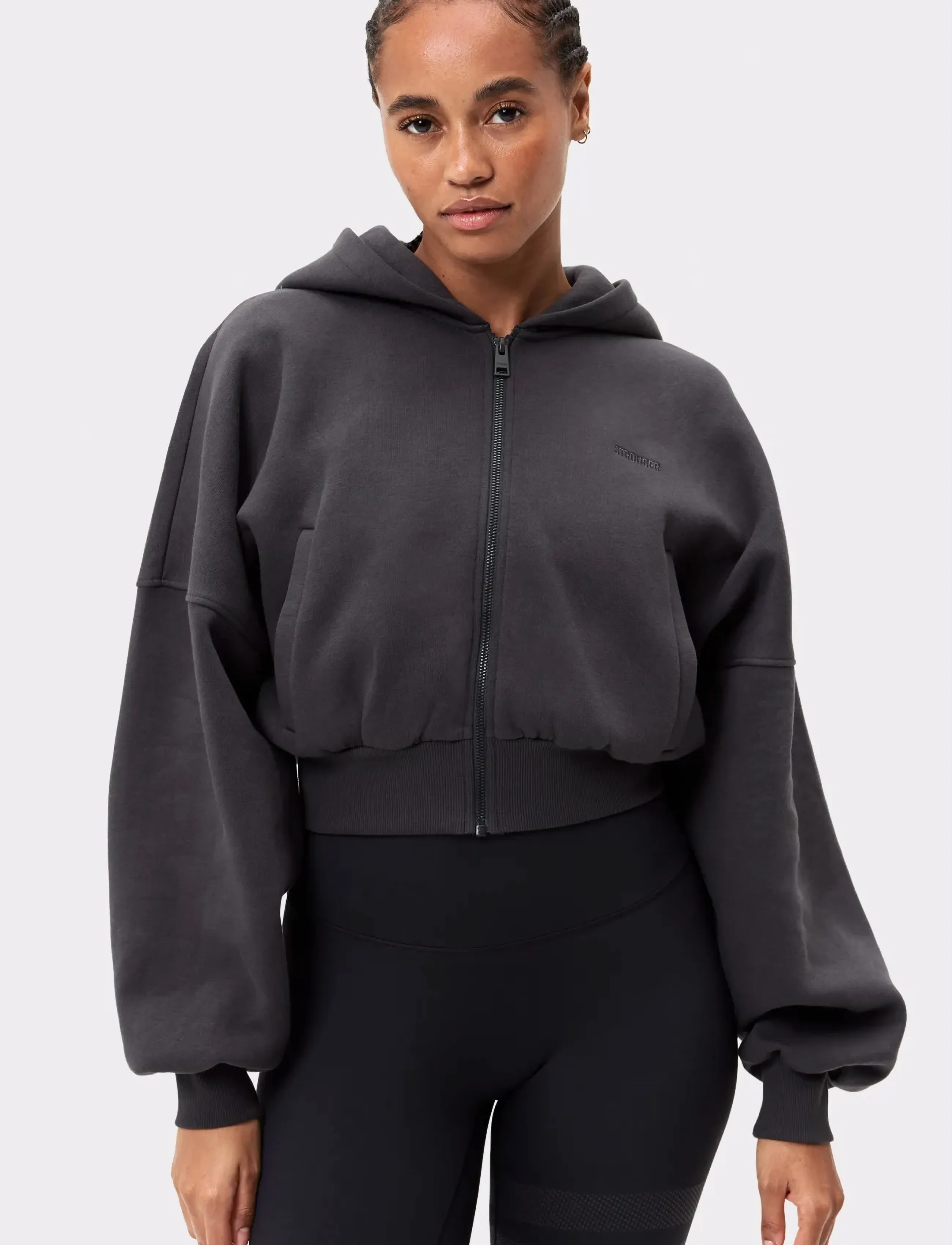 STRONGER Relaxed Cropped Full Zip Hoodie, L, Grey, Sport Sweatshirts & Hoodies > Sport Hoodies, Dame