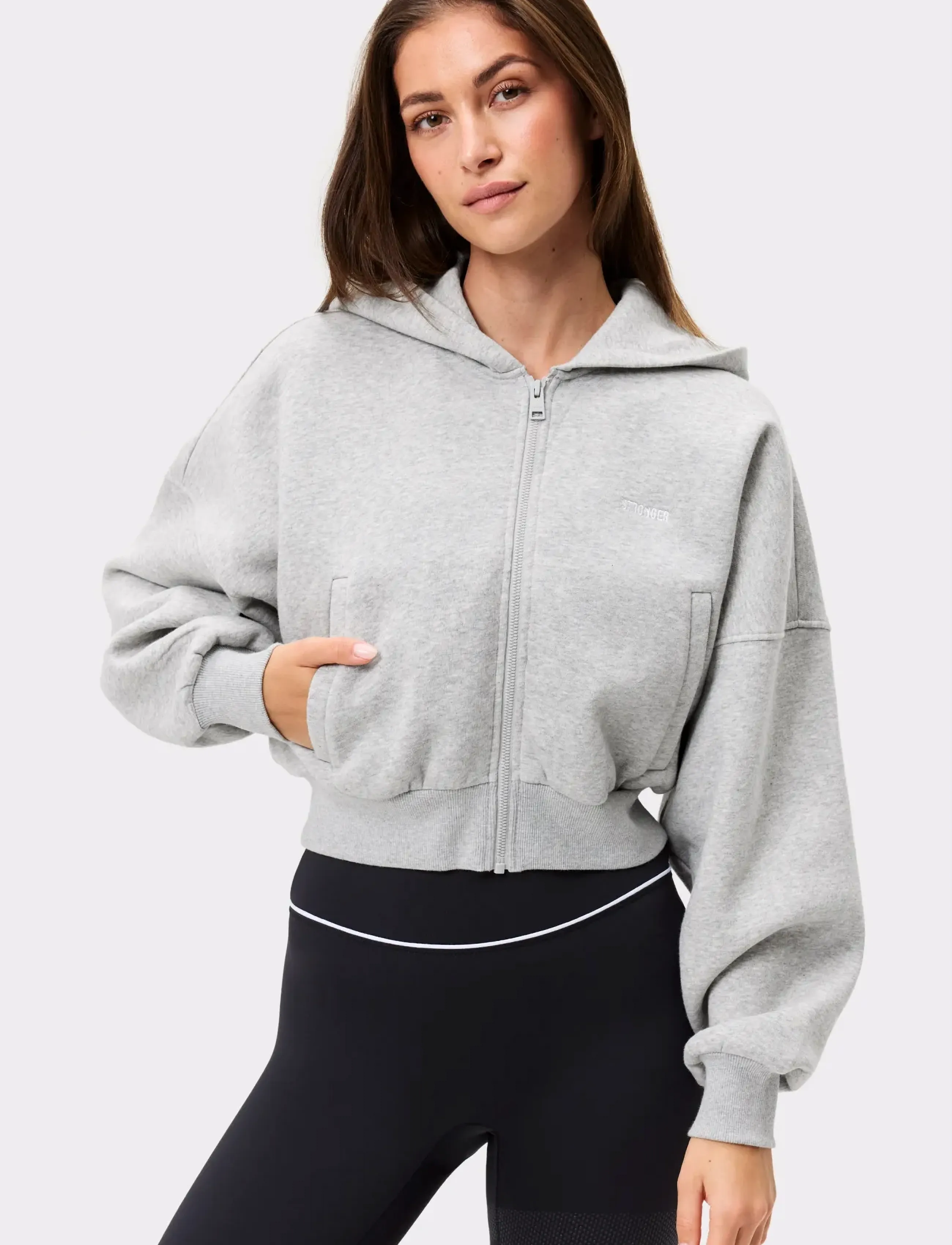 STRONGER Relaxed Cropped Full Zip Hoodie, L, Grey, Sport Sweatshirts & Hoodies > Sport Hoodies, Dame