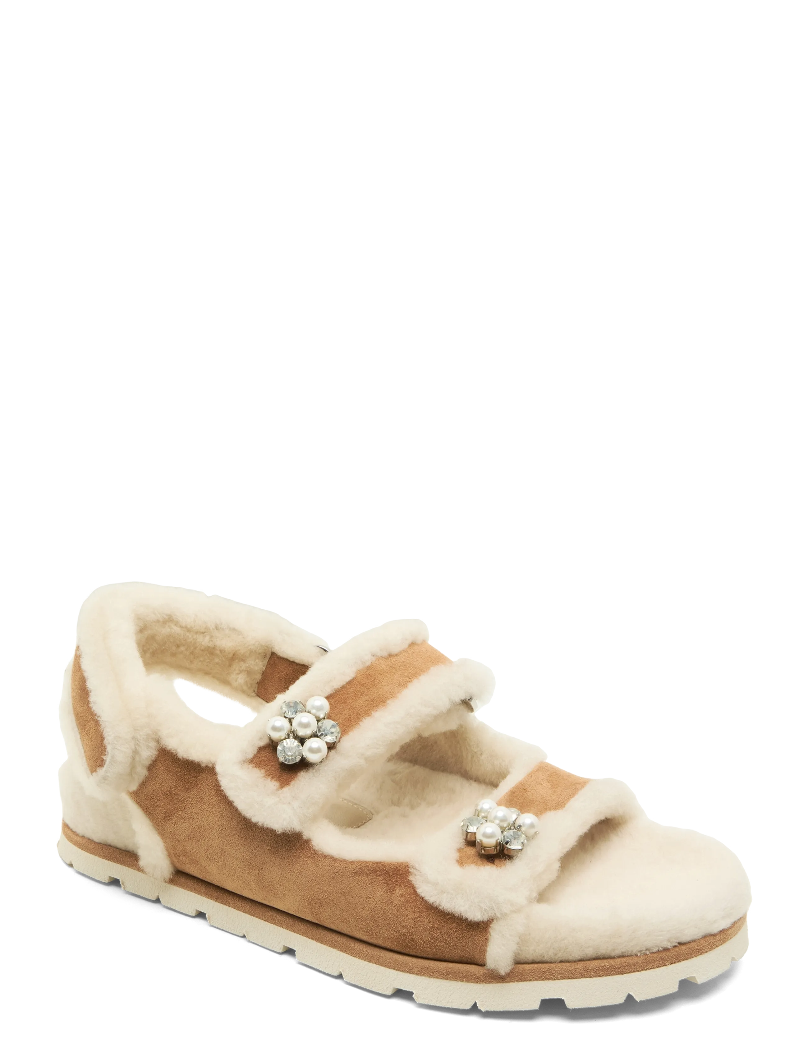 Stuart Weitzman Wynter Suede Shearling Sport Sandal, 38.5, Sandals, Braun - Flat Frauen