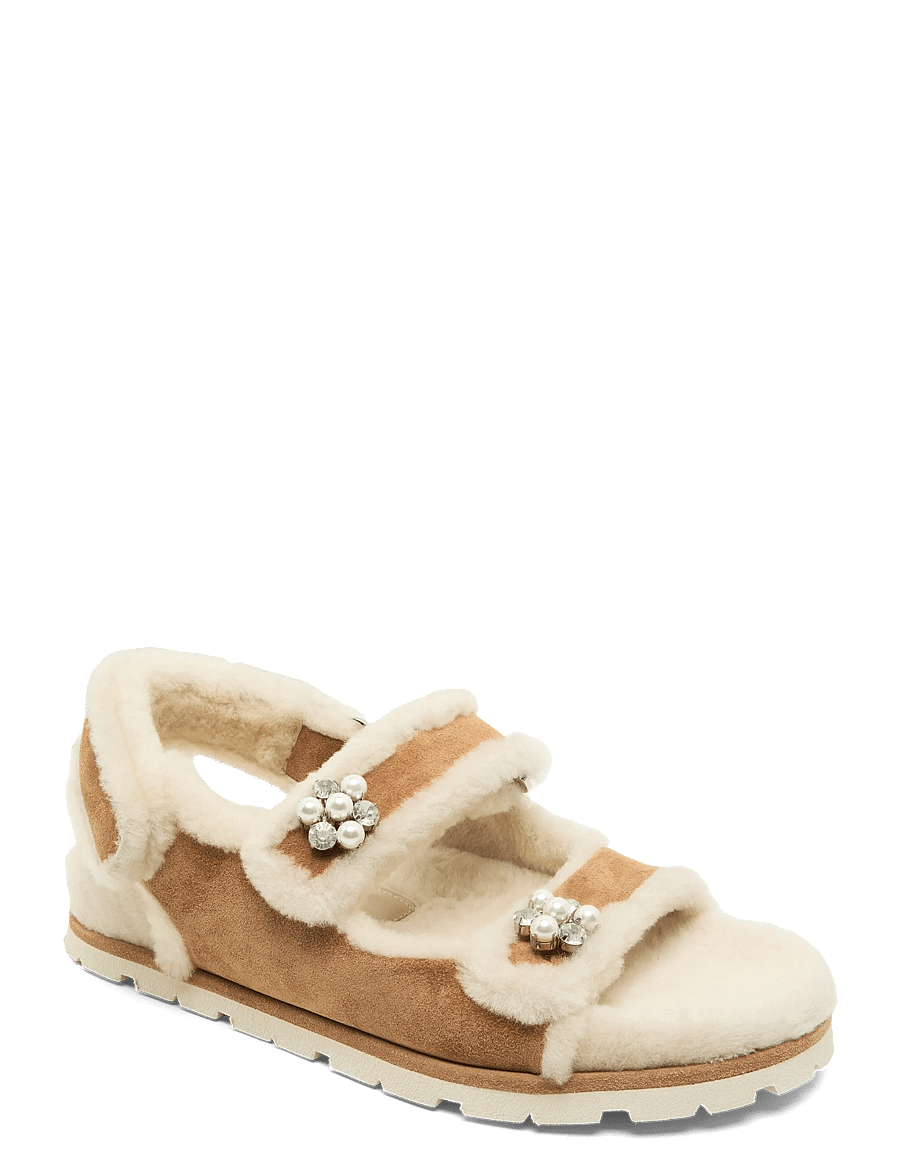 Stuart Weitzman - Wynter Suede Shearling Sport Sandal - platta sandaler - brown - 0