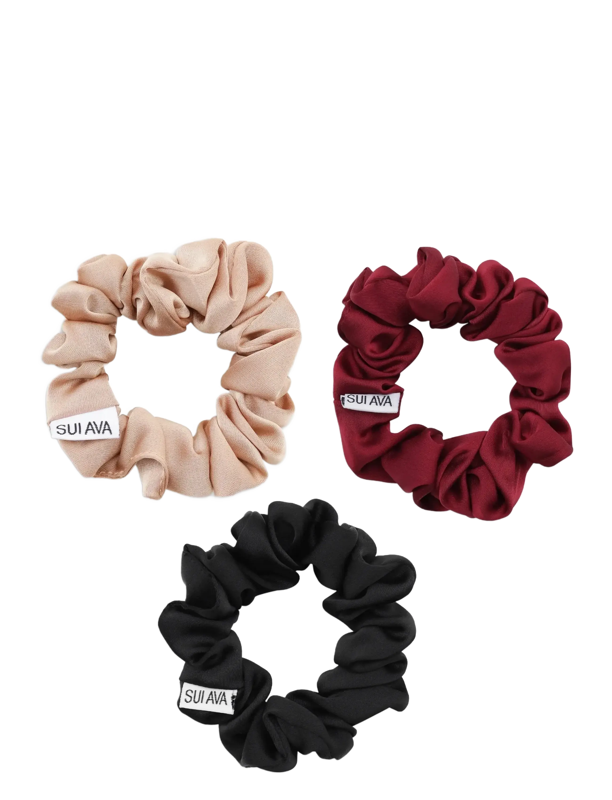 3-Pack Ruched Ribbon Scrunchies - ALMOND // BLACK // FRENCH WINE