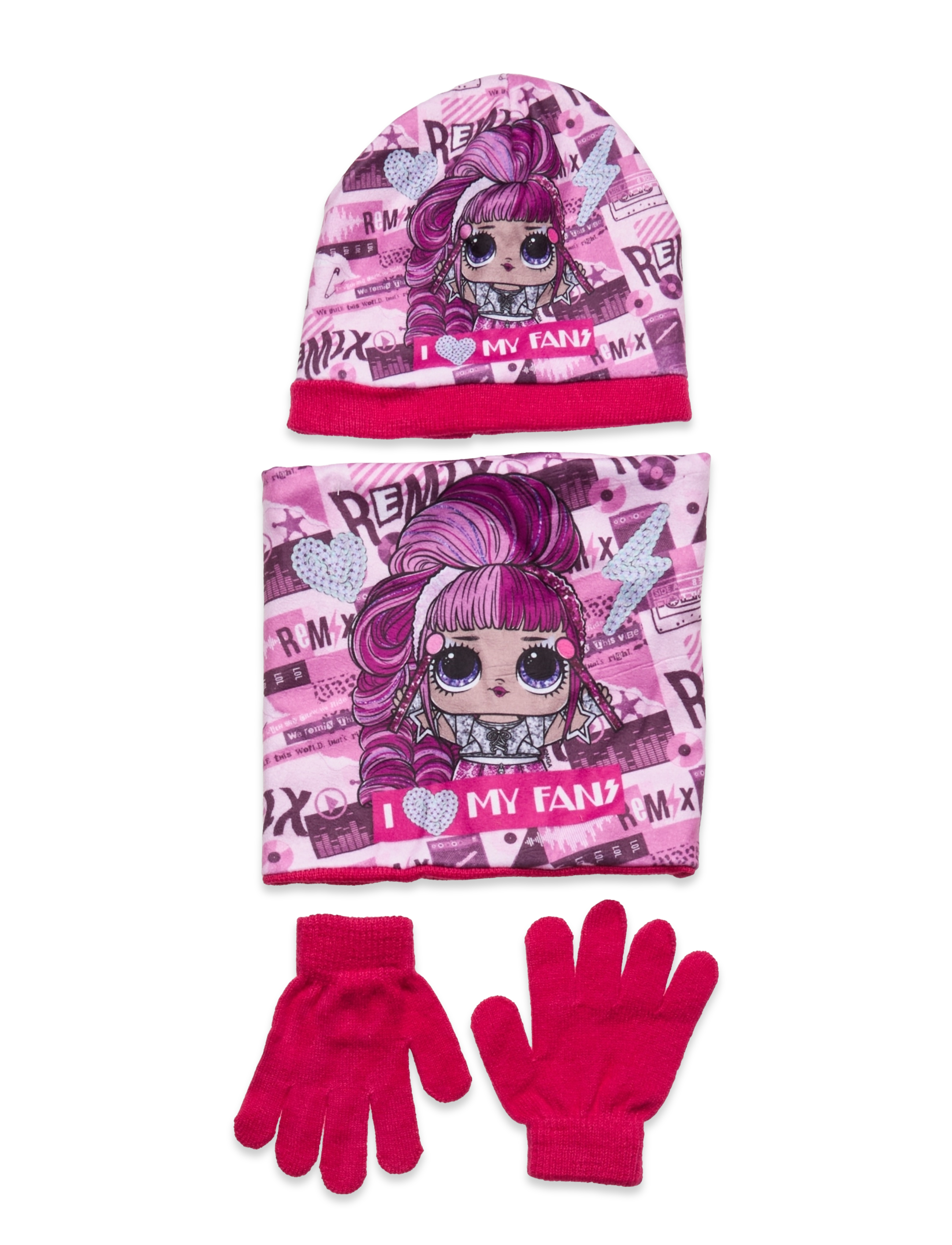 L.O.L Set 3 Pcs Bonnet+Collar+Handschuhe Pink - 52 - Kinder