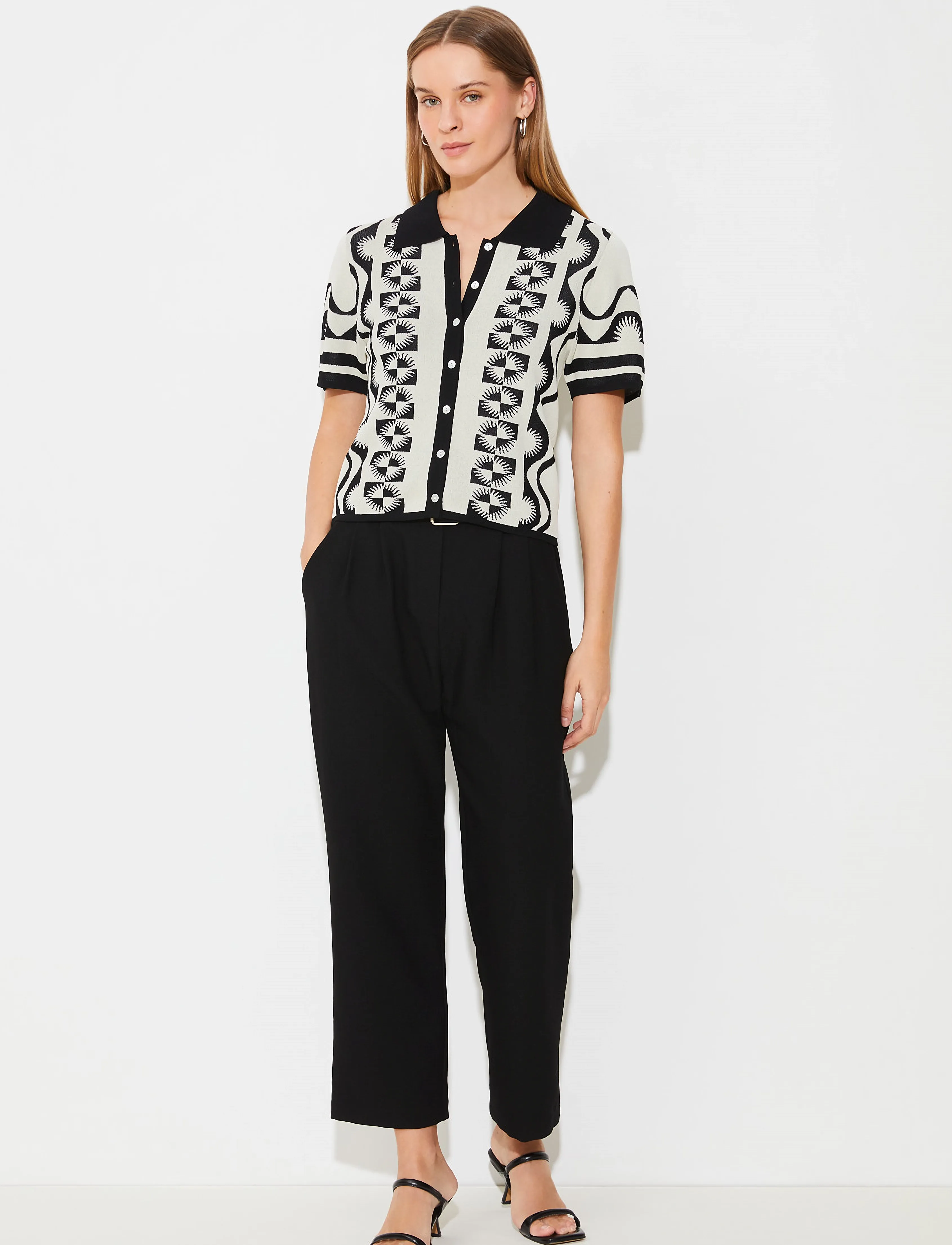 SUNCOO Paris Gabera Black And White Jacquard Polo Jumper, S, T-shirts & Oberteile, Creme - Polos, Frauen