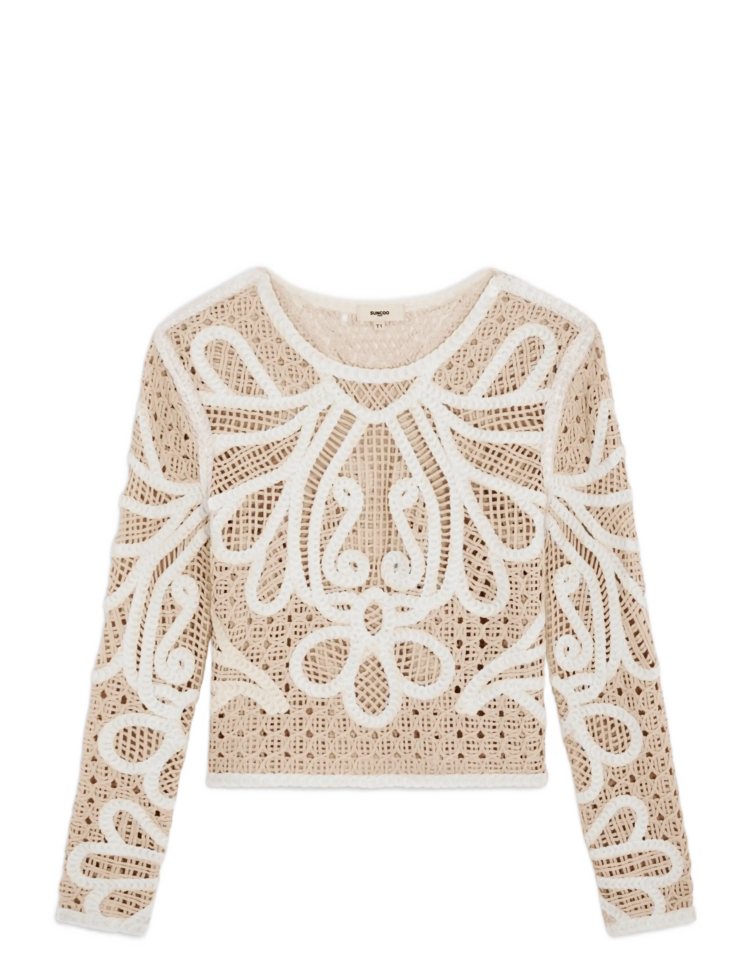 SUNCOO Paris Paelini, Kvinder, Kort Langærmet Hæklet Top, Beige, Str: XS