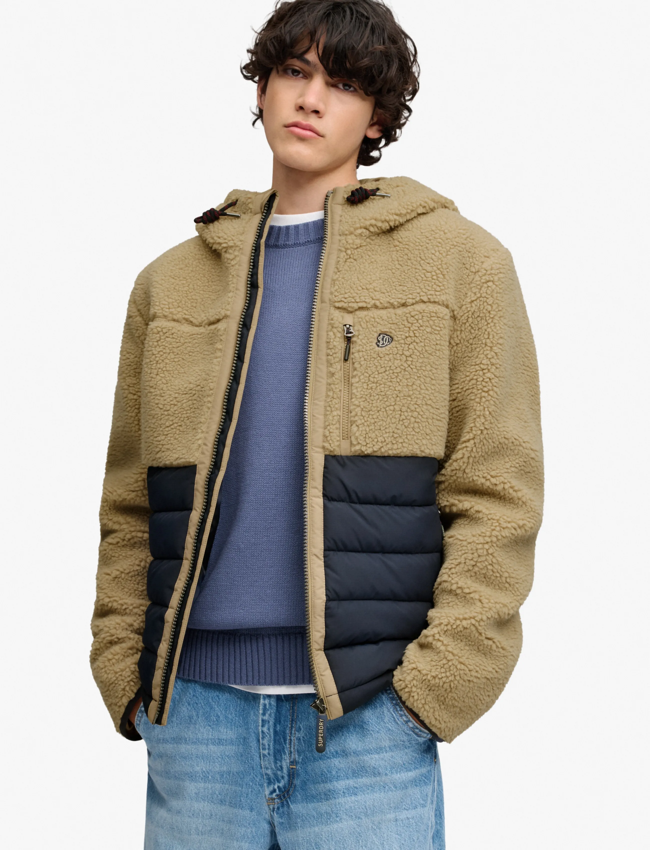 Superdry Sport HOOD OUTDOOR BORG QUILT HYBRID - Teddy-pusad - WHITE PEPPER MARL/ECLIPSE NAVY / beige