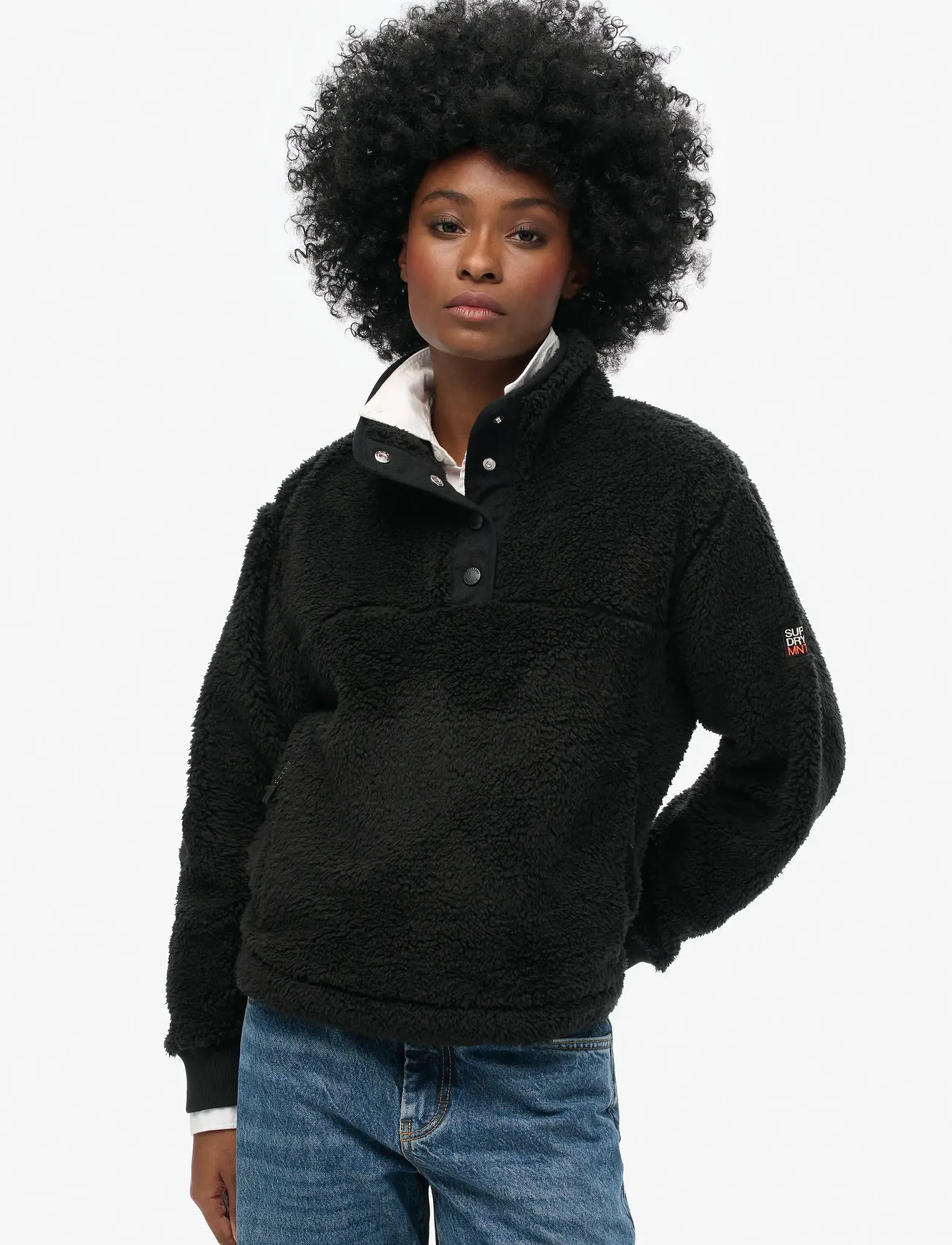 Superdry Sport Super Soft Henley, Kvinder, Fleece Henley Trøje, Sort, Str: XL
