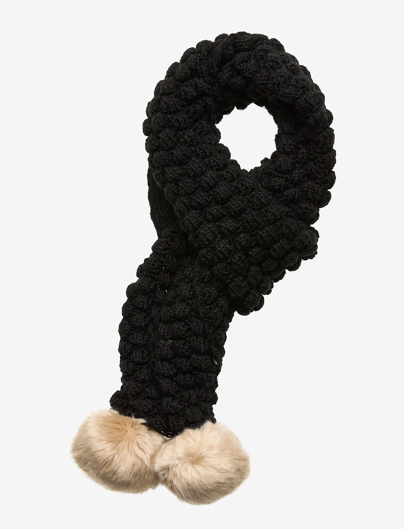 BOBBLE STITCH FUR POMPOM SCARF - BLACK