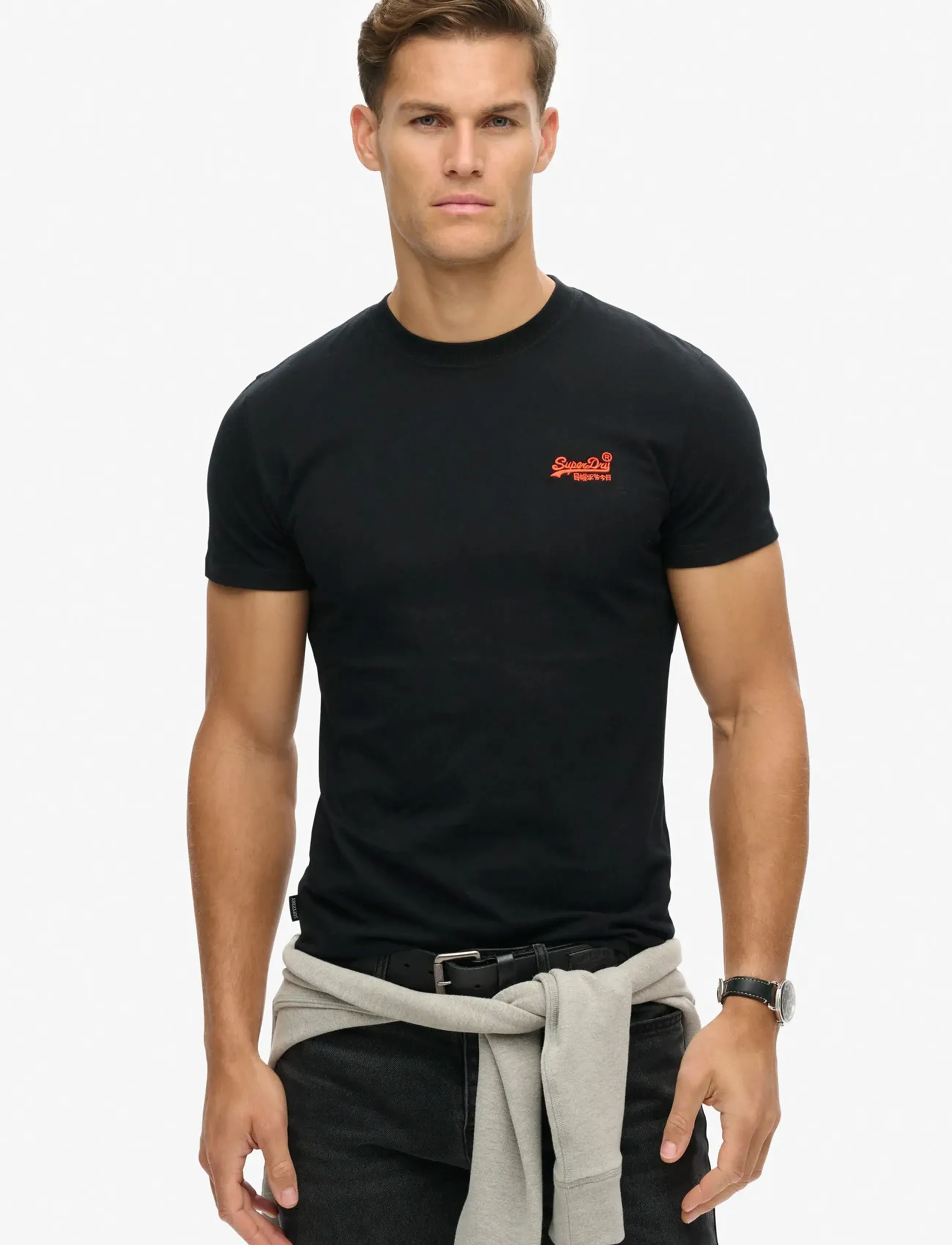 Superdry VINTAGE LOGO EMB TEE - Bolir - BLACK/HAZARD ORANGE / black