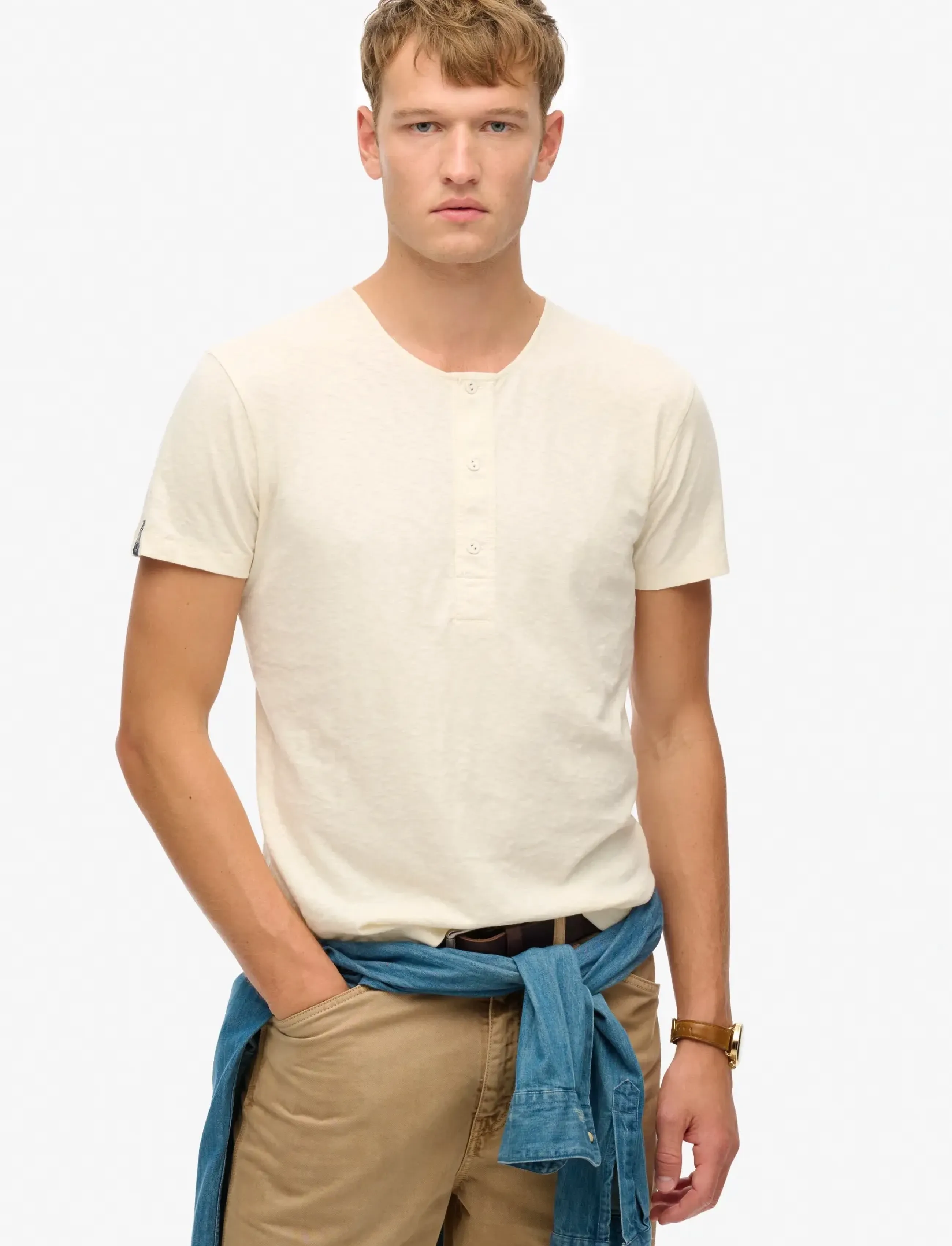 Superdry Merchant Ss Grandad Jersey Top, XL, T-shirts, Creme - Short-sleeved, Männerswear
