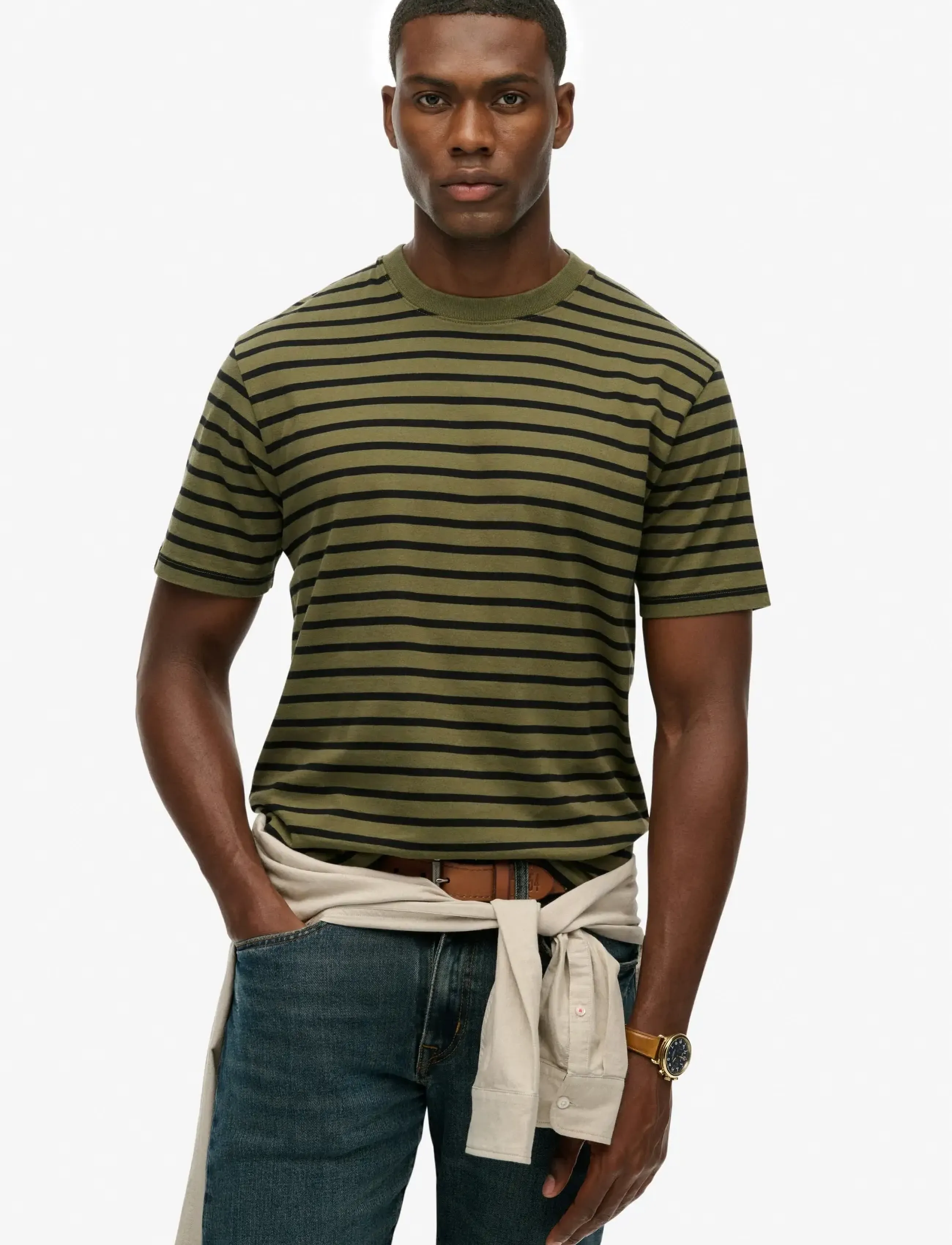 Superdry MERCHANT STRIPE TEE - Kläder - OLIVE STRIPE / khaki/green