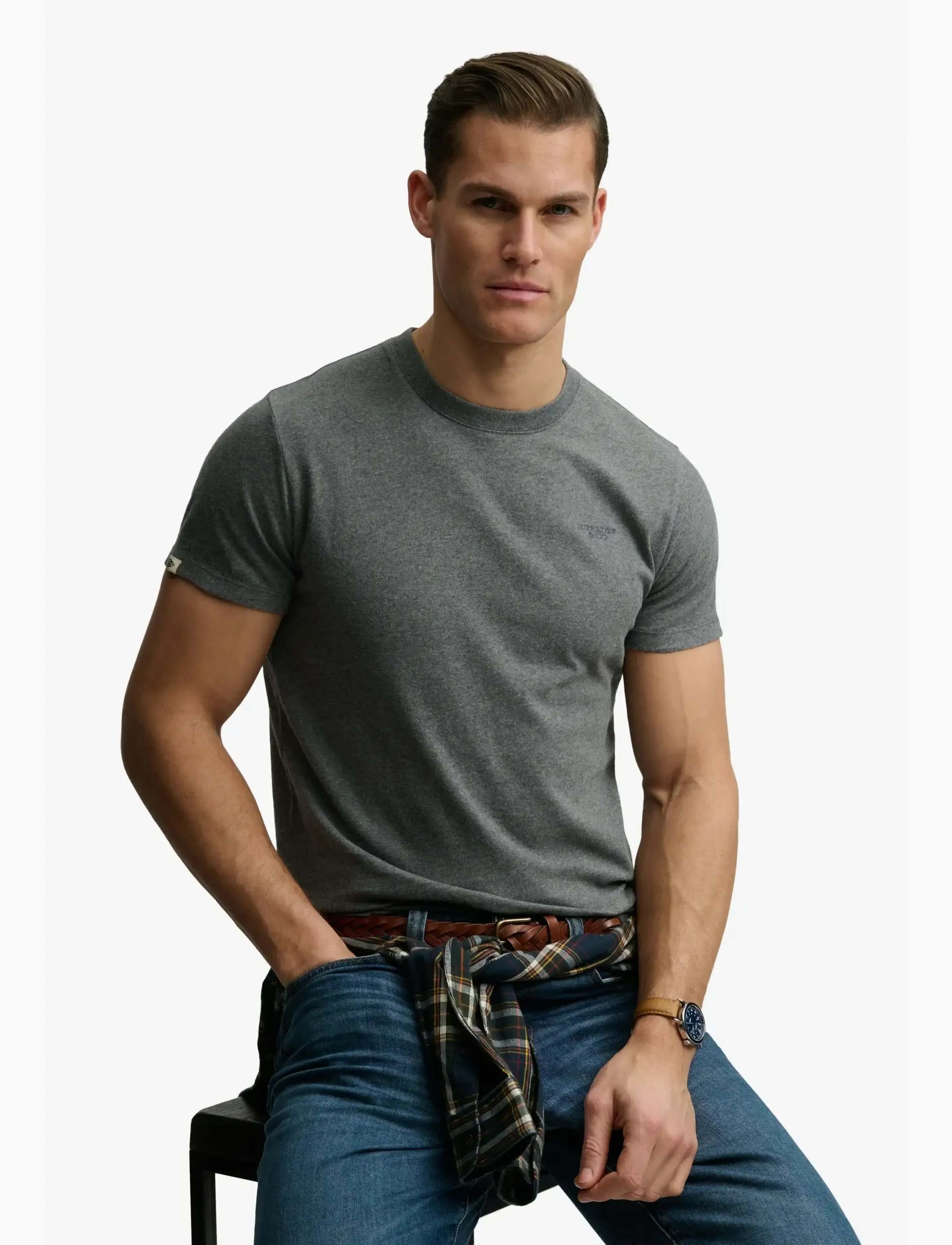 Superdry - ESSENTIAL STACKED LOGO EMB TEE - antique grey marl/stone grey - 5