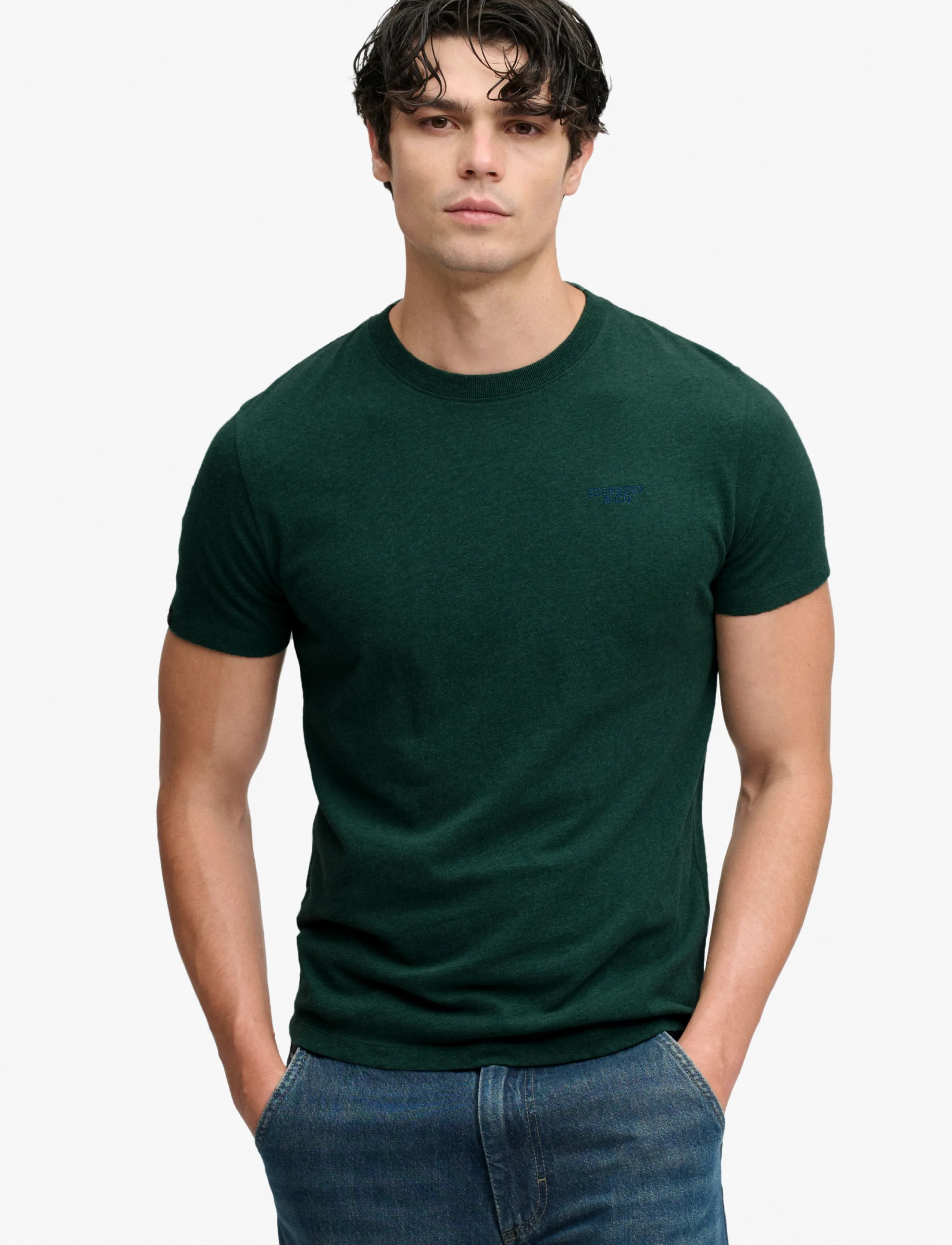 Superdry ESSENTIAL STACKED LOGO EMB TEE - Teksasärgid - PITCH GREEN MARL/PURE NAVY / green