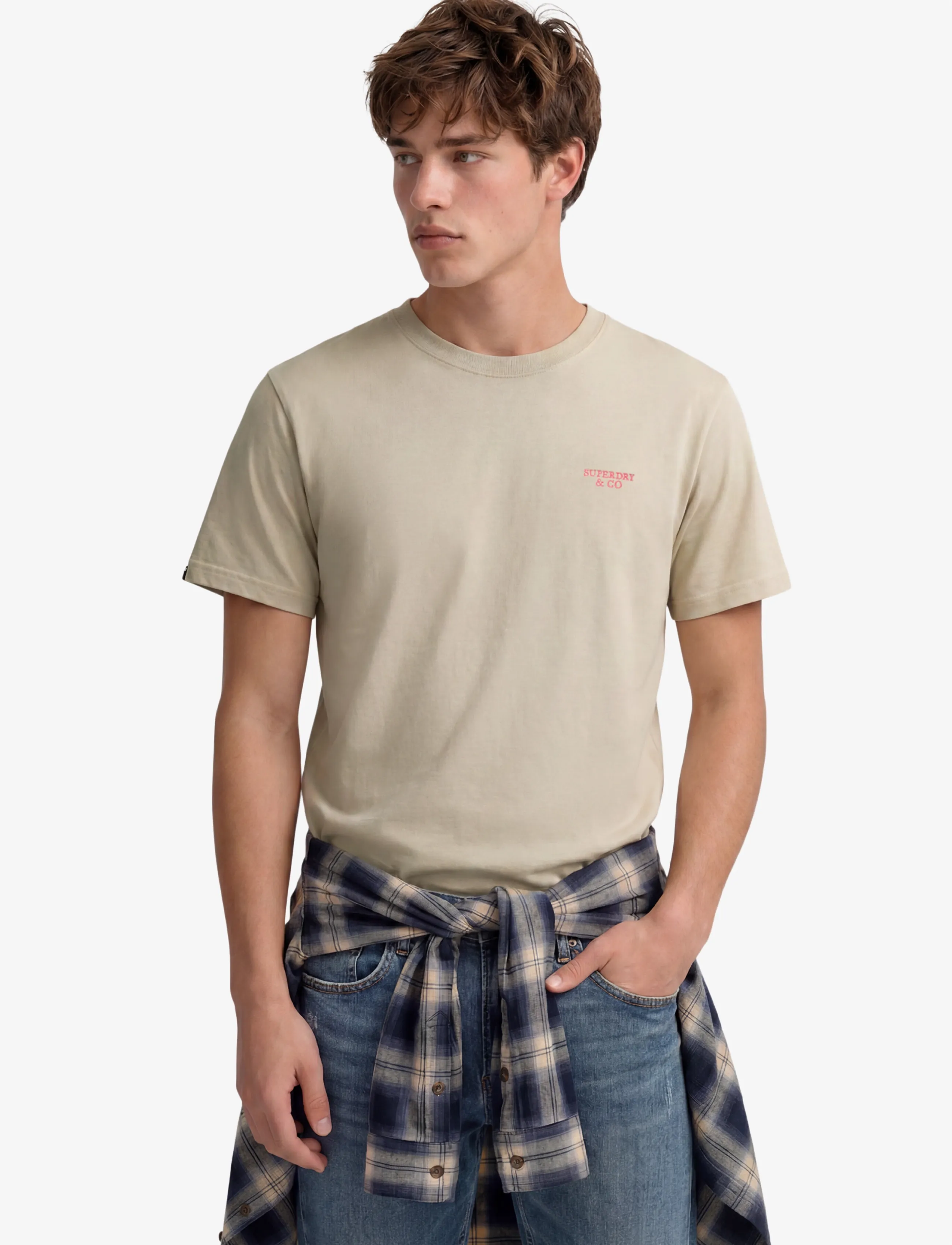 Superdry ESSENTIAL STACKED LOGO EMB TEE - Teksasärgid - BIRCH/NEON PINK / beige