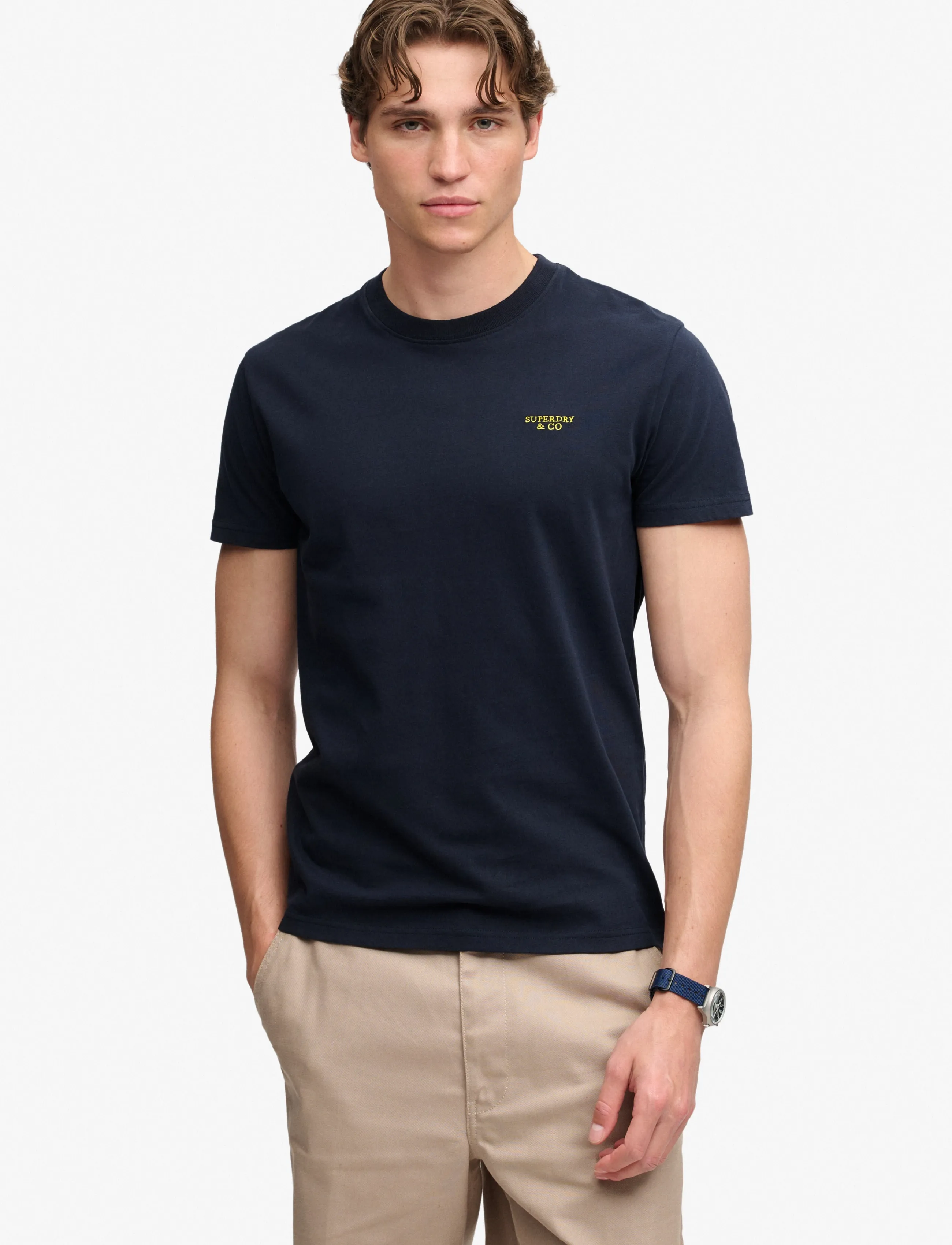 Superdry ESSENTIAL STACKED LOGO EMB TEE - Teksasärgid - ECLIPSE NAVY/NEON LIME / navy