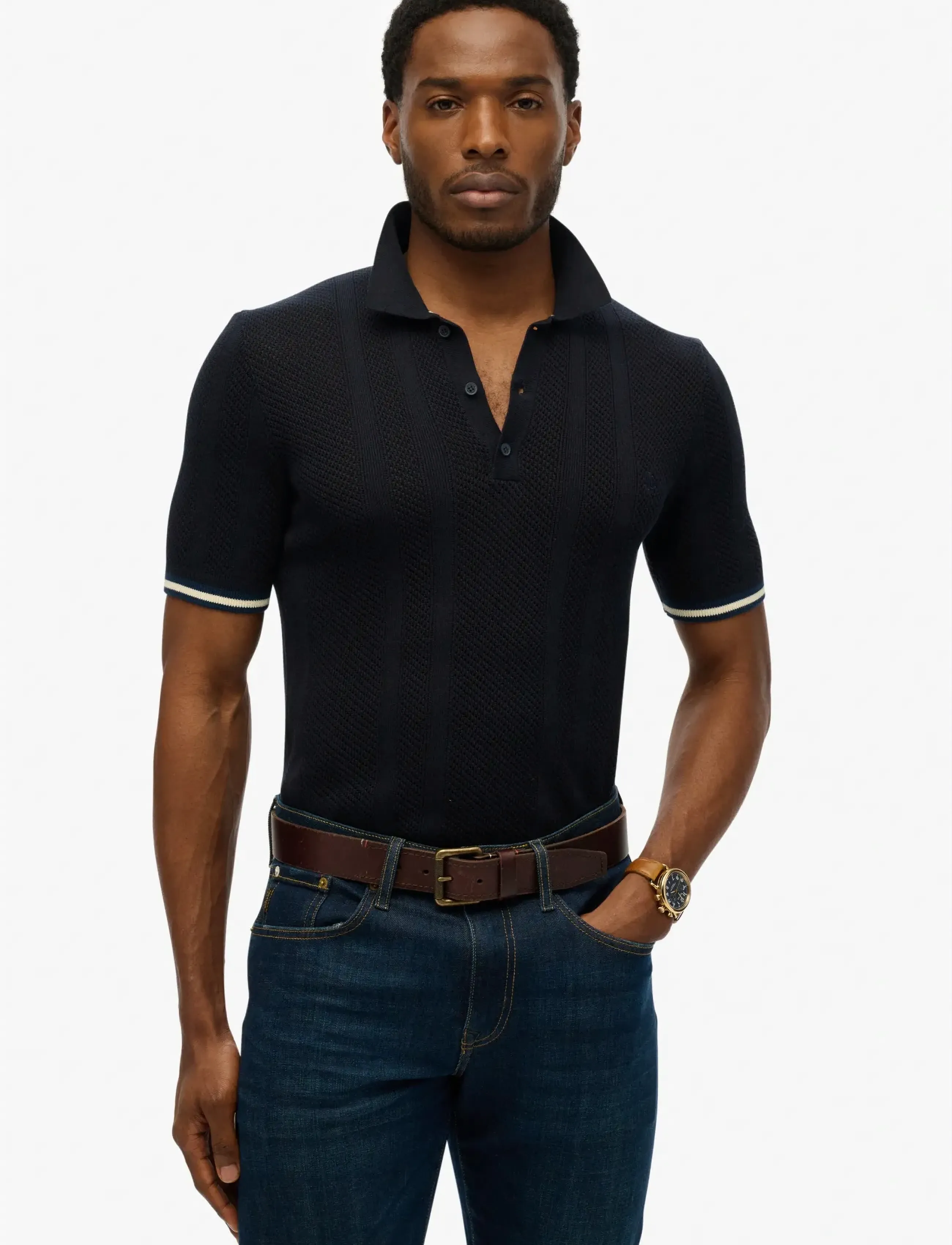 Superdry KNITTED TEXTURE S/S POLO - Koszulki Polo - CLASSIC NAVY LINEAR / navy