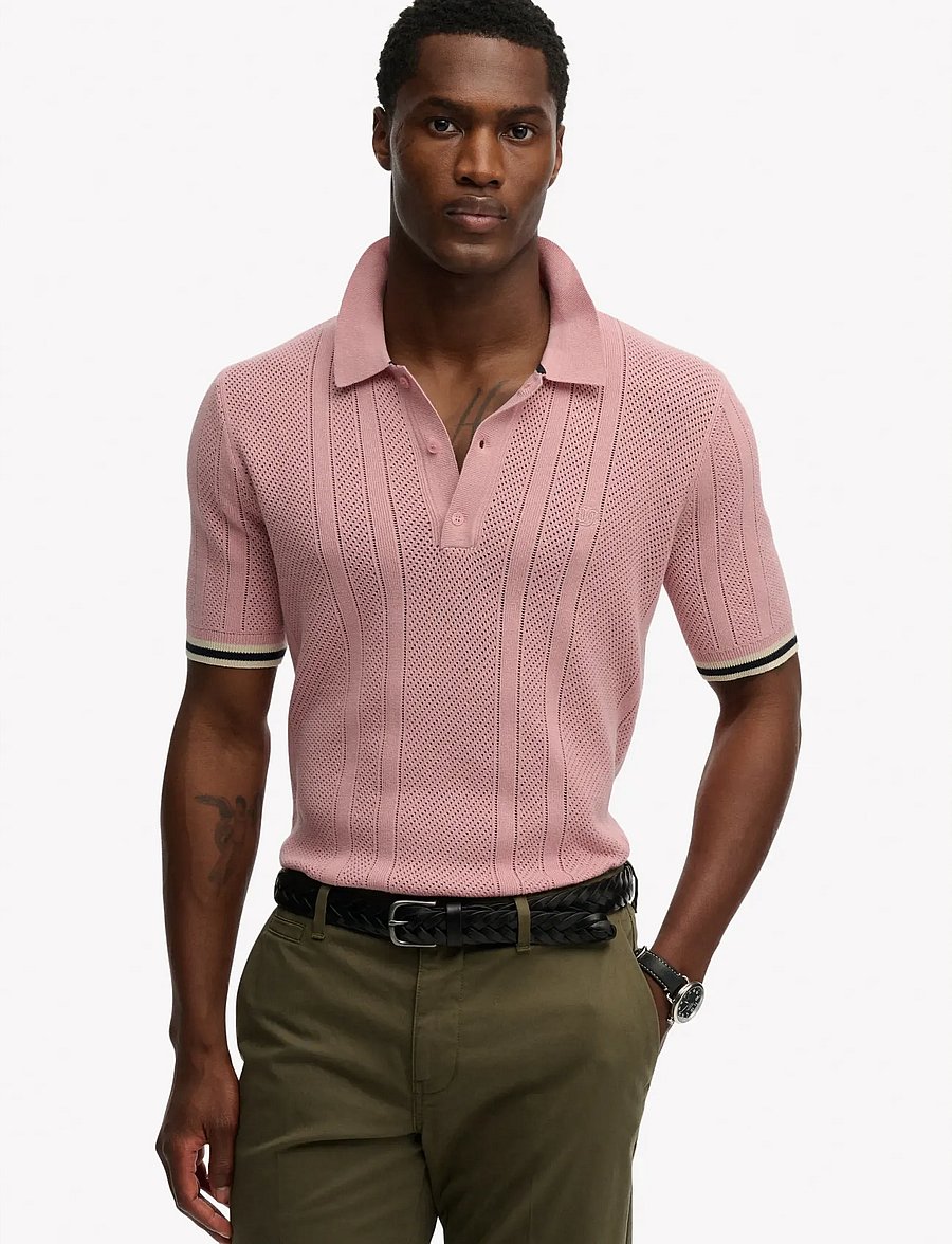 Superdry - KNITTED TEXTURE S/S POLO - kortärmade pikéer - grey pink - 0