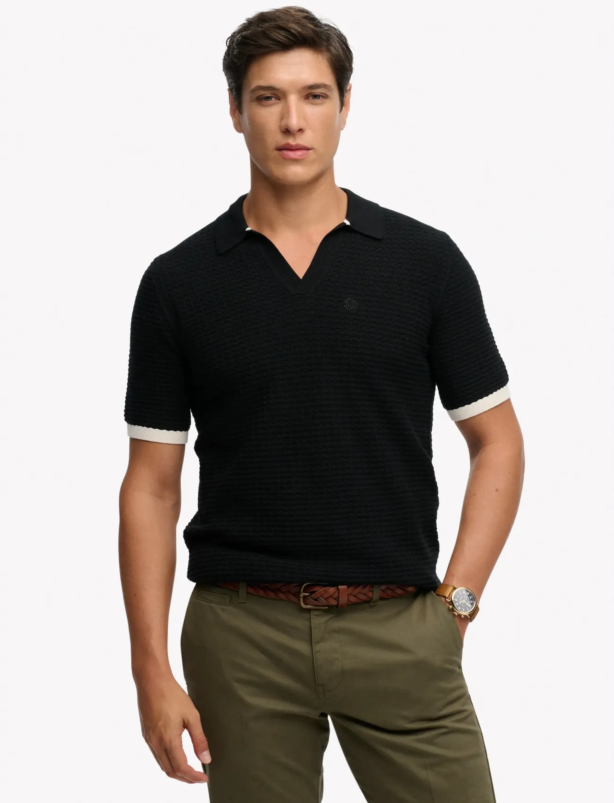 Superdry Johnny Collar Knitted Polo, Mænd, Strikket Johnny Krave Polo T-shirt, Sort, Str: L