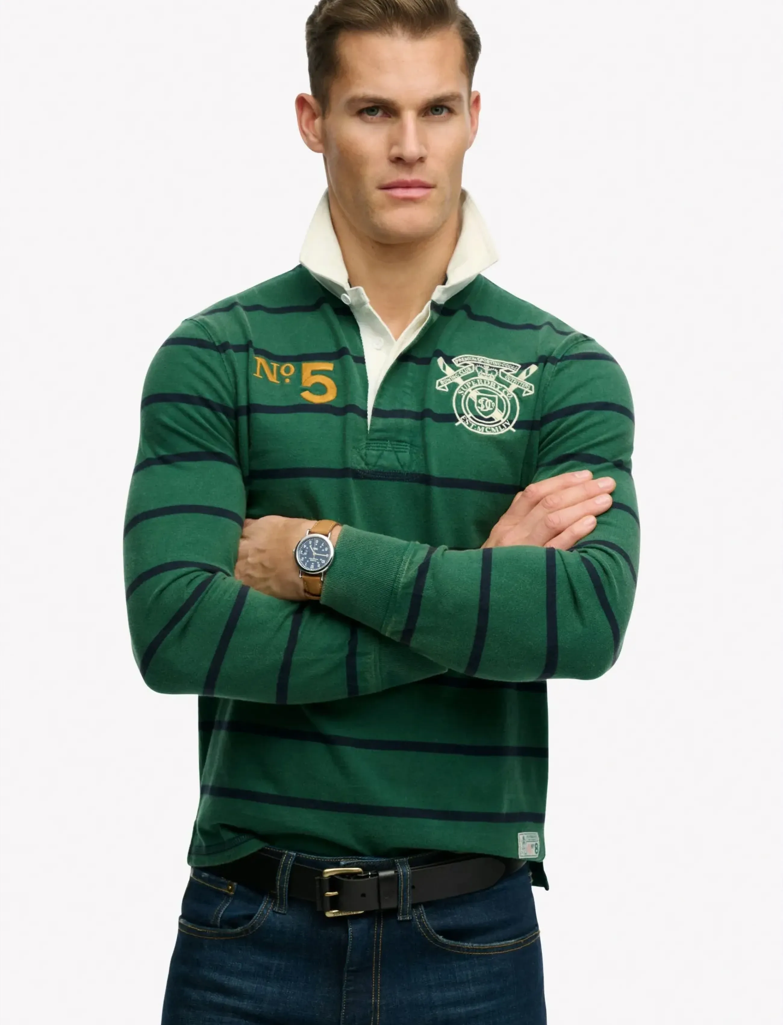 Superdry DOUBLE EMBLEM STRIPE RUGBY - Clothing - HUNTER GREEN STRIPE / green