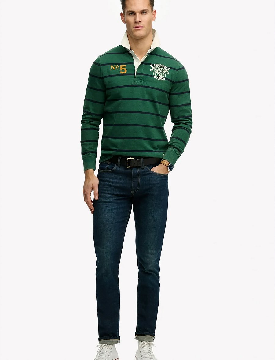 Superdry - DOUBLE EMBLEM STRIPE RUGBY - langerma pólóbolir - hunter green stripe - 5