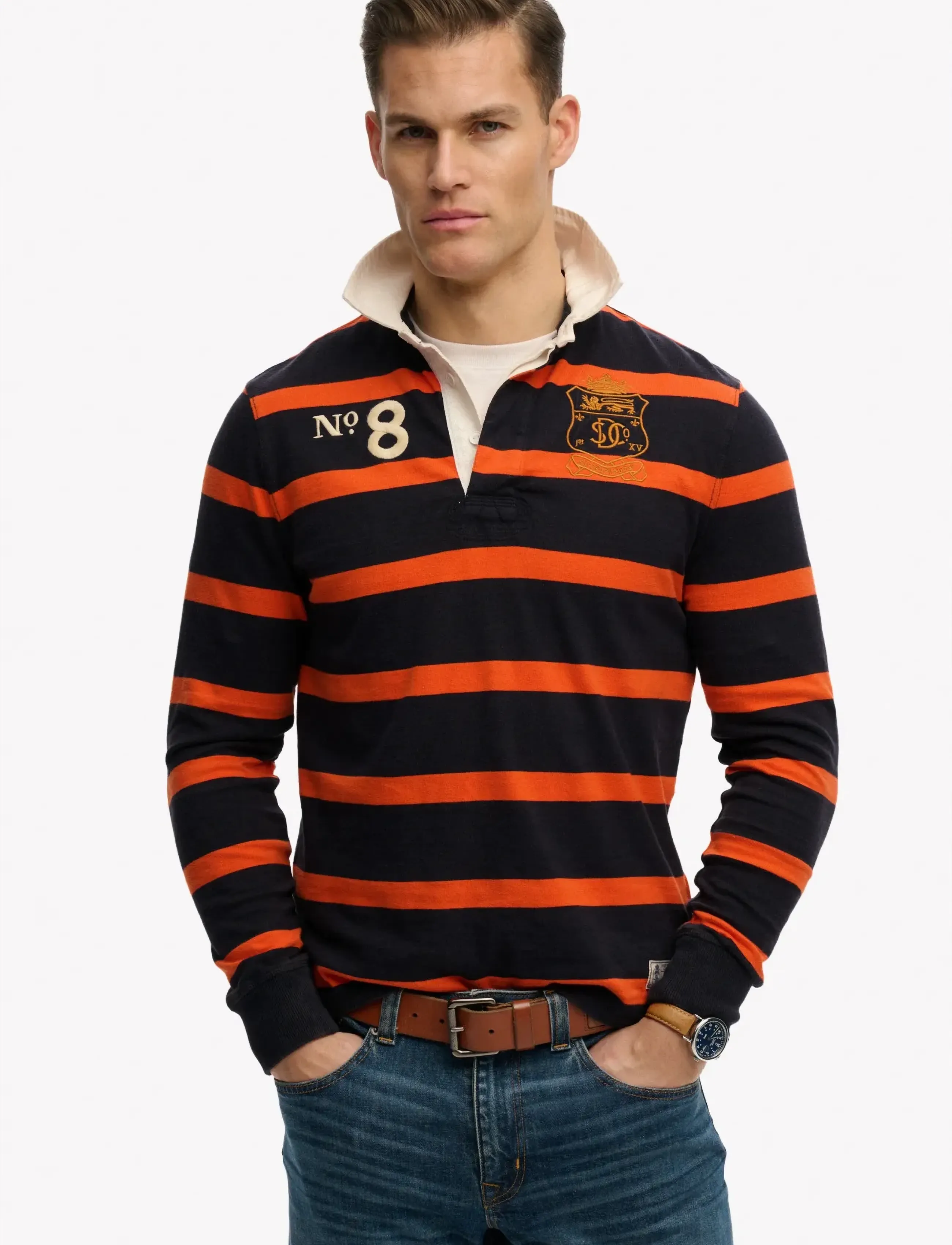 Superdry DOUBLE EMBLEM STRIPE RUGBY - Kläder - NAVY/ORANGE STRIPE / navy