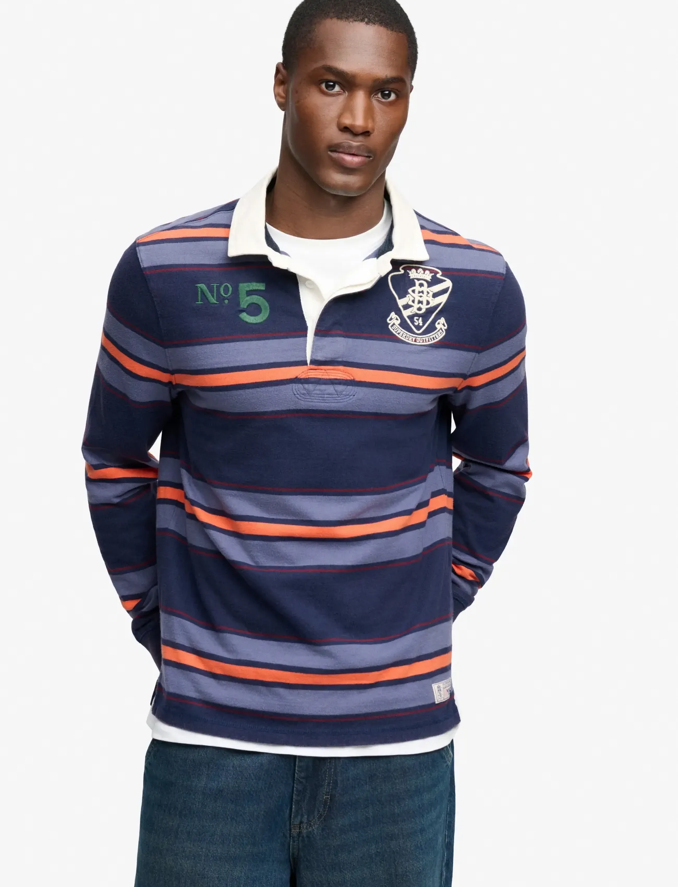 Superdry DOUBLE EMBLEM STRIPE RUGBY - Kleidung - ORANGE/NAVY STRIPE / navy