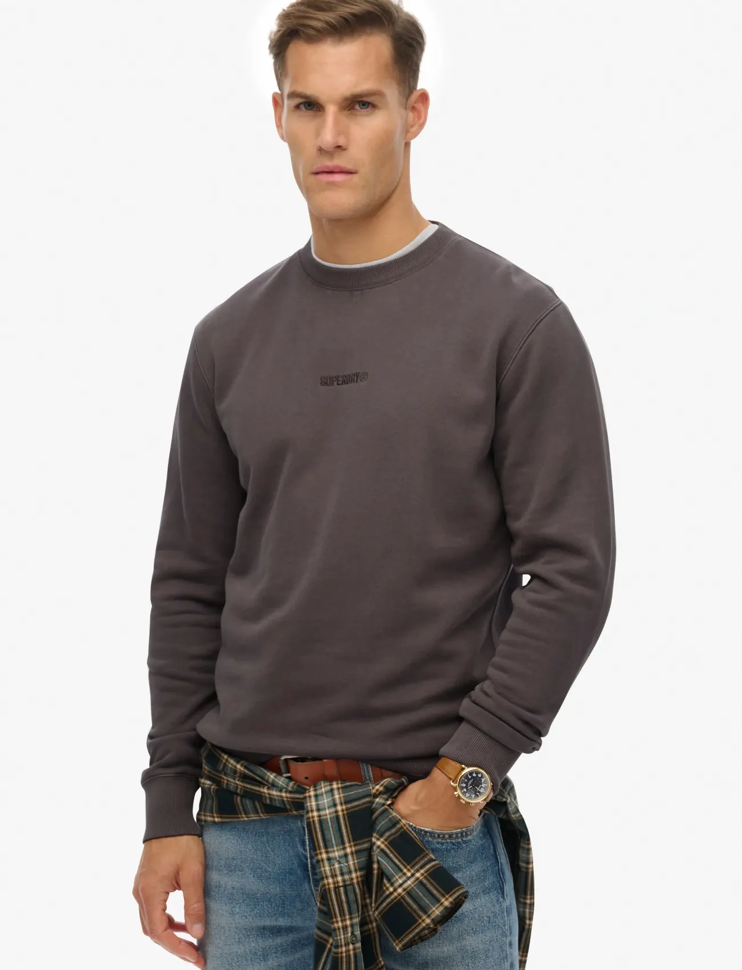 Superdry MICRO LOGO CREW - Dressipluusid - DARK PEBBLE GREY / grey