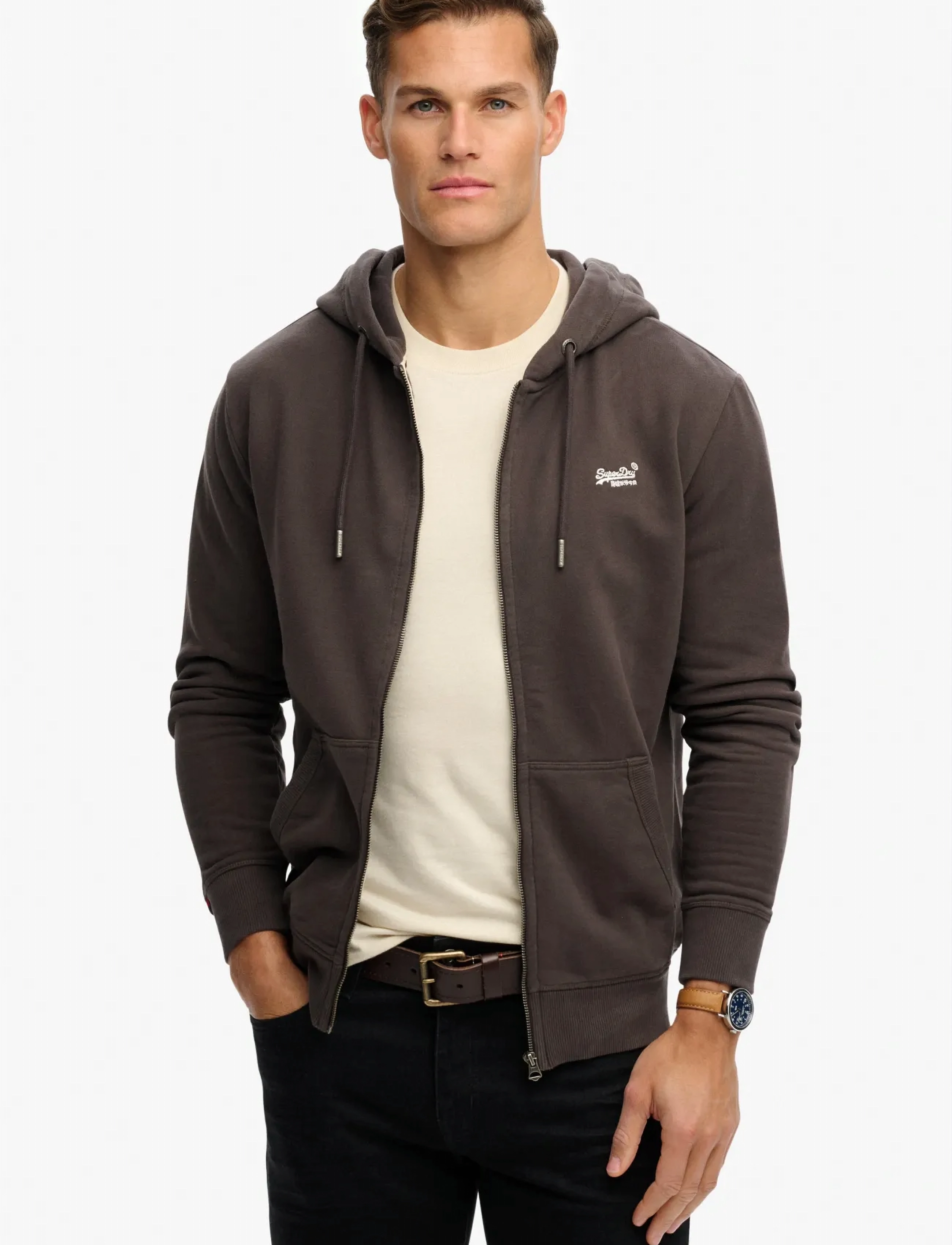 Superdry ESSENTIAL LOGO ZIP HOODIE HB - Kapuzenpullover - CARBON BLACK / brown