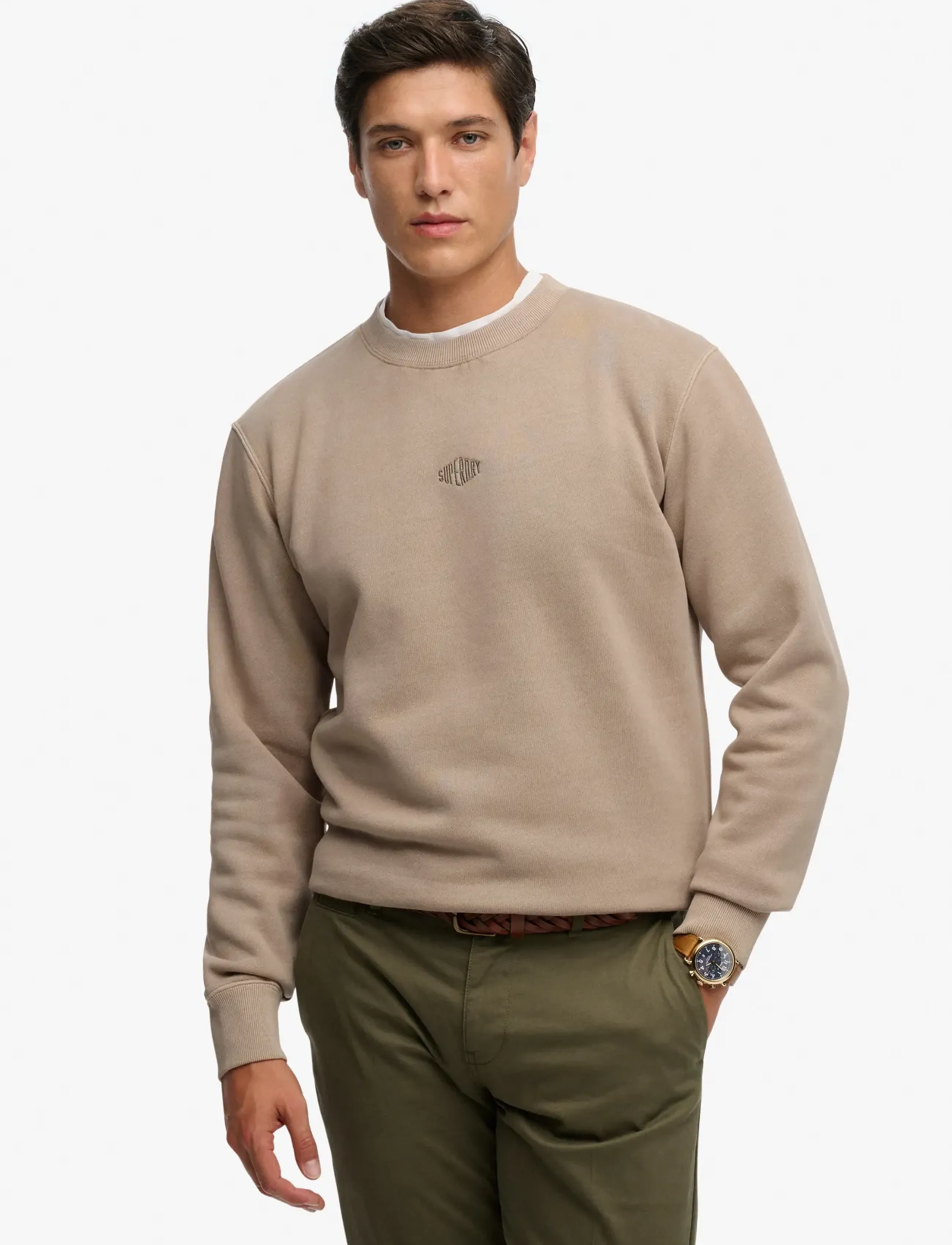 Superdry Micro Logo Crew, Mænd, Mikro Logo Crewneck Sweatshirt, Beige, Str: L