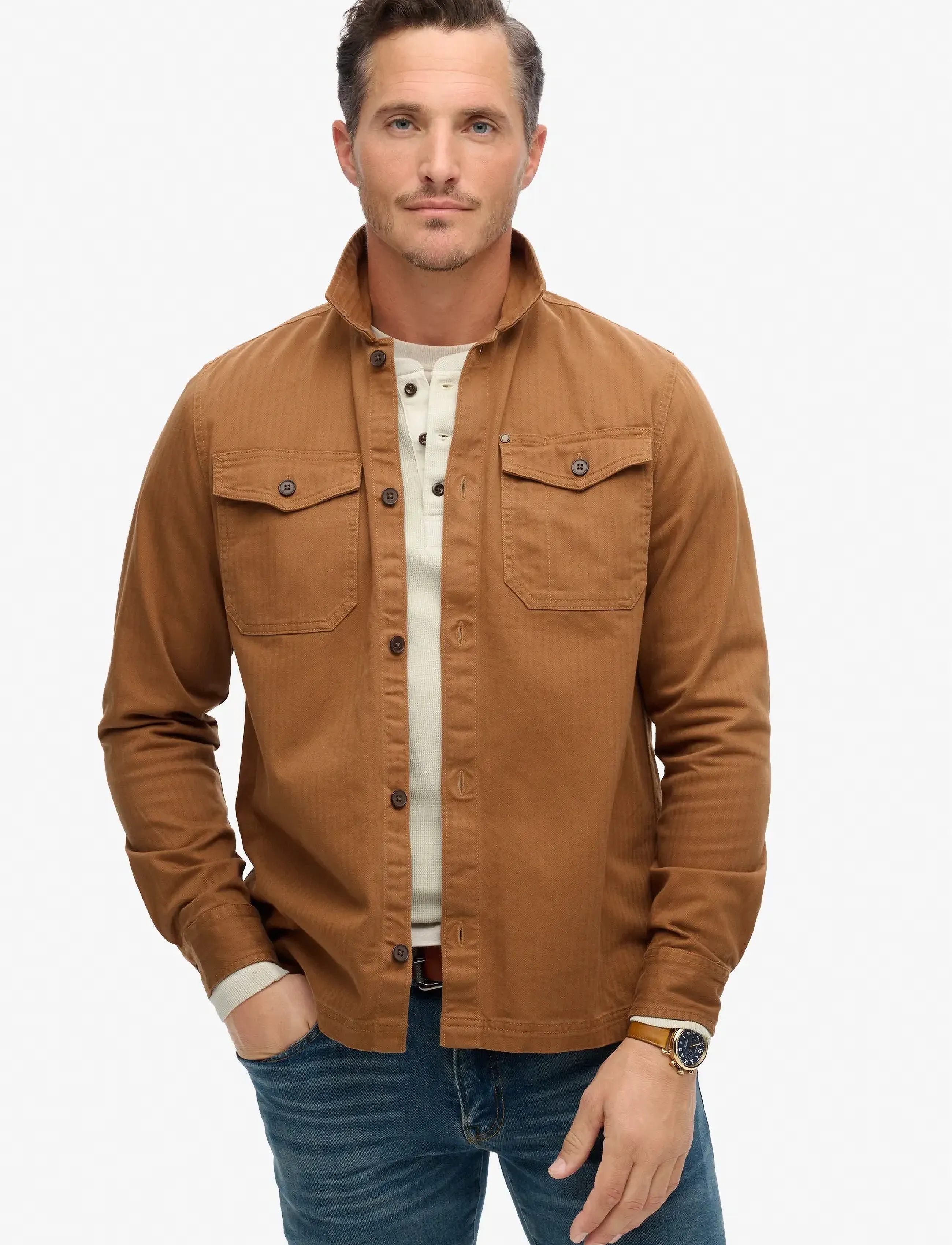 Superdry MERCHANT HERRINGBONE OVERSHIRT - Paitatakit - DENIM CO TOBACCO BROWN / brown