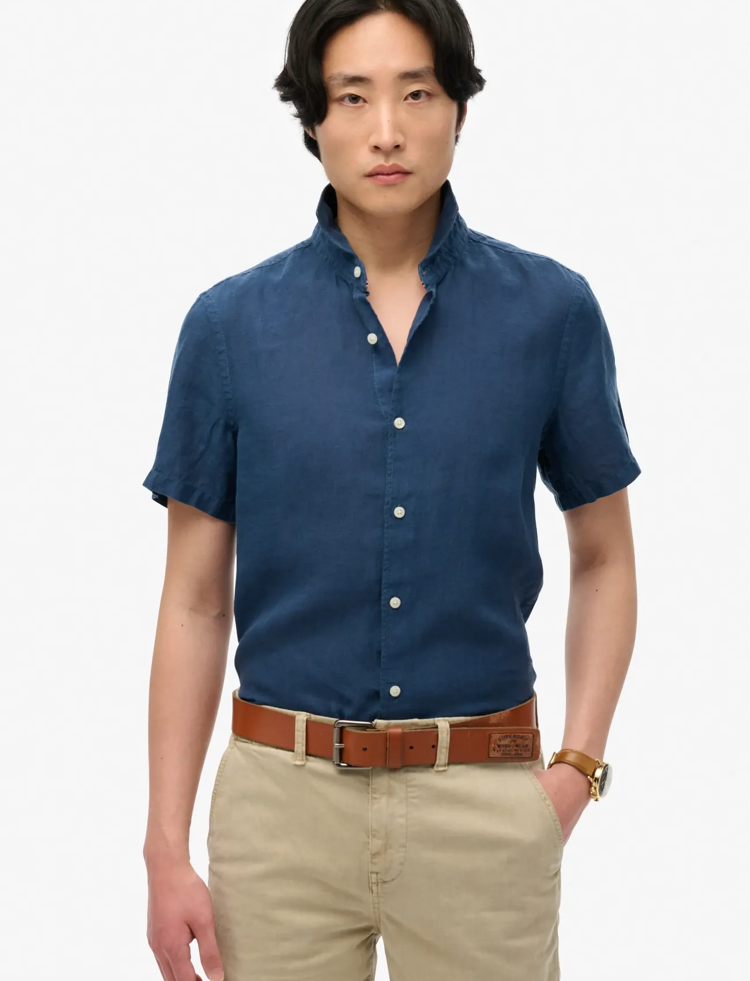 Superdry Vacation Linen S/S Shirt, M, Shirts, Marineblau - Short-sleeved Männerswear