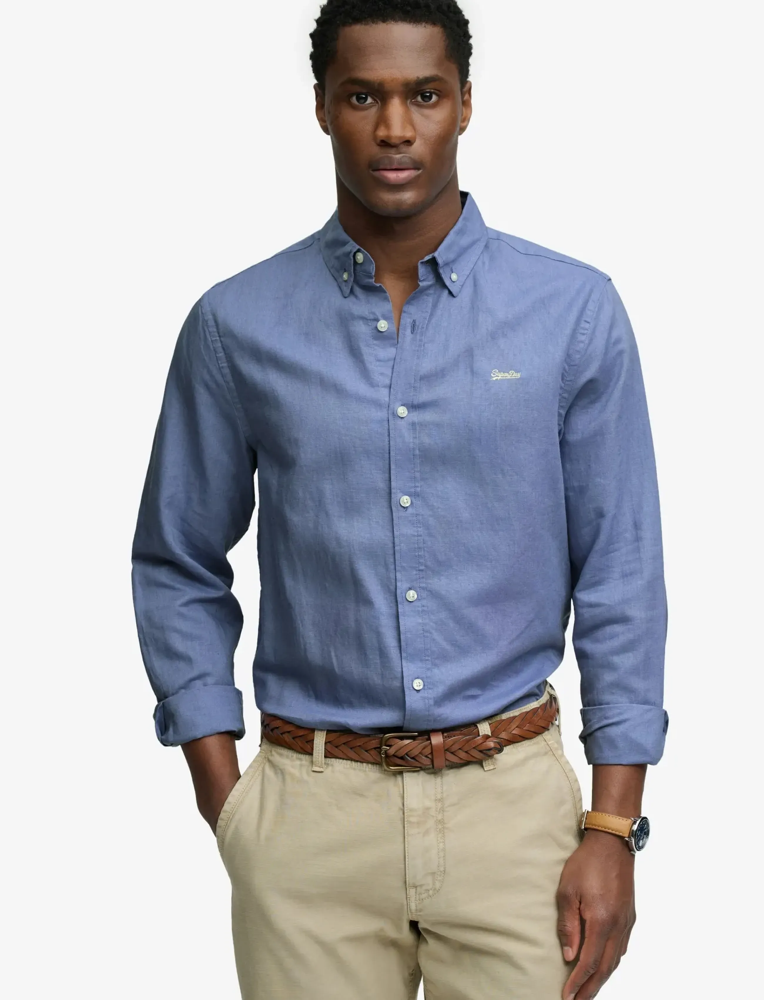 Superdry COTTON LINEN LS SHIRT - Kläder - MONTAUK BLUE / blue