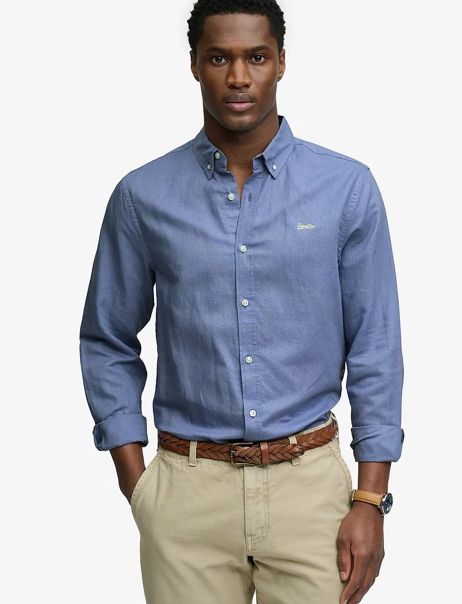 Superdry - COTTON LINEN LS SHIRT - linneskjortor - montauk blue - 0
