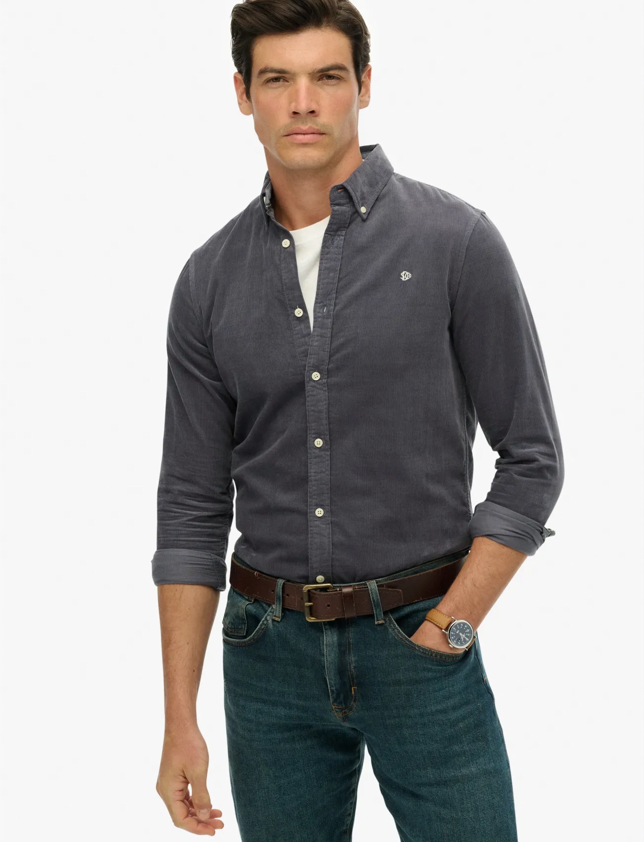Superdry Classic Needle Cord Shirt, S, Shirts, Marineblau - Corduroy Männerswear