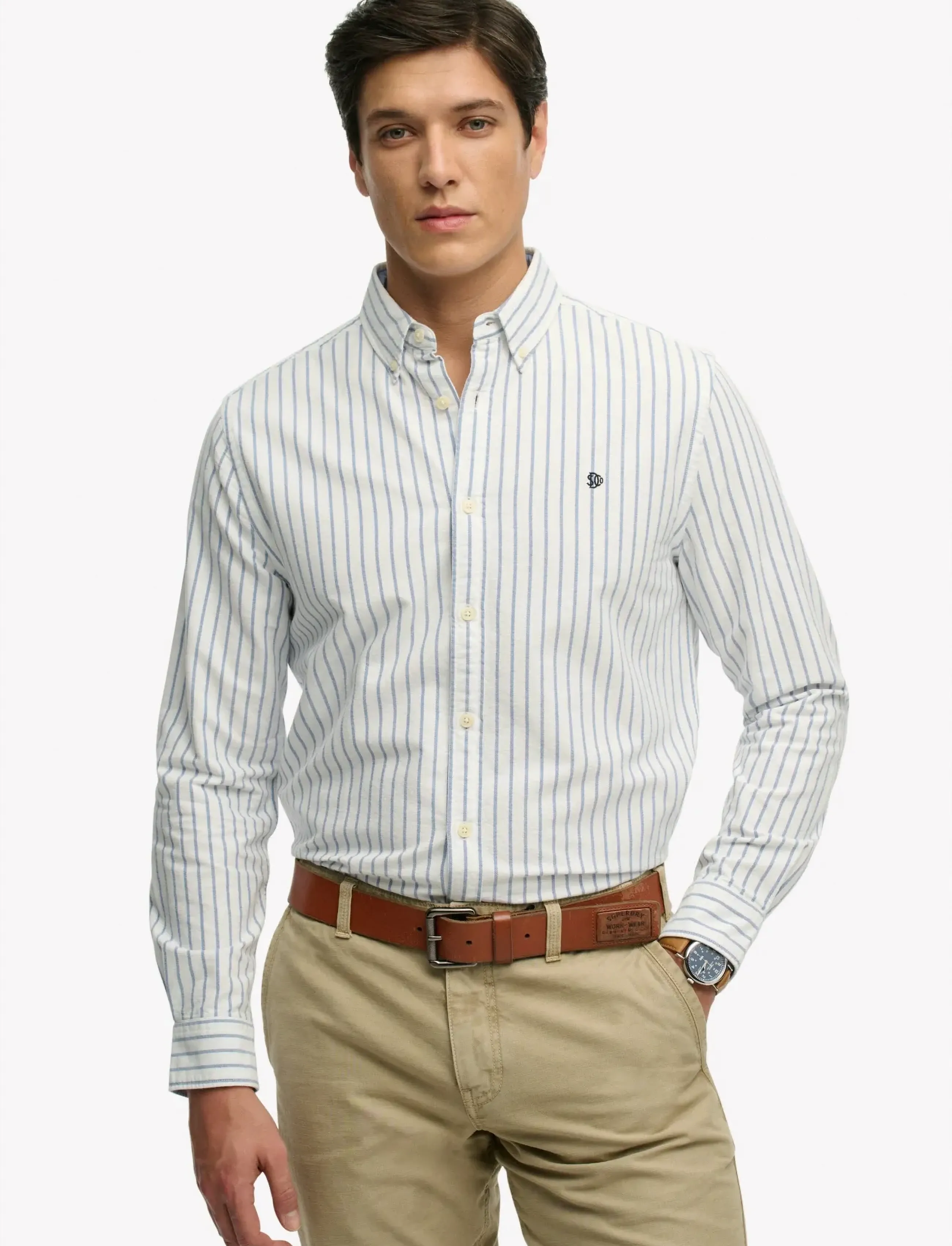 Superdry PREPPY OXFORD L/S SHIRT - Akcija - CLASSIC BLUE/OPTIC STRIPE / white