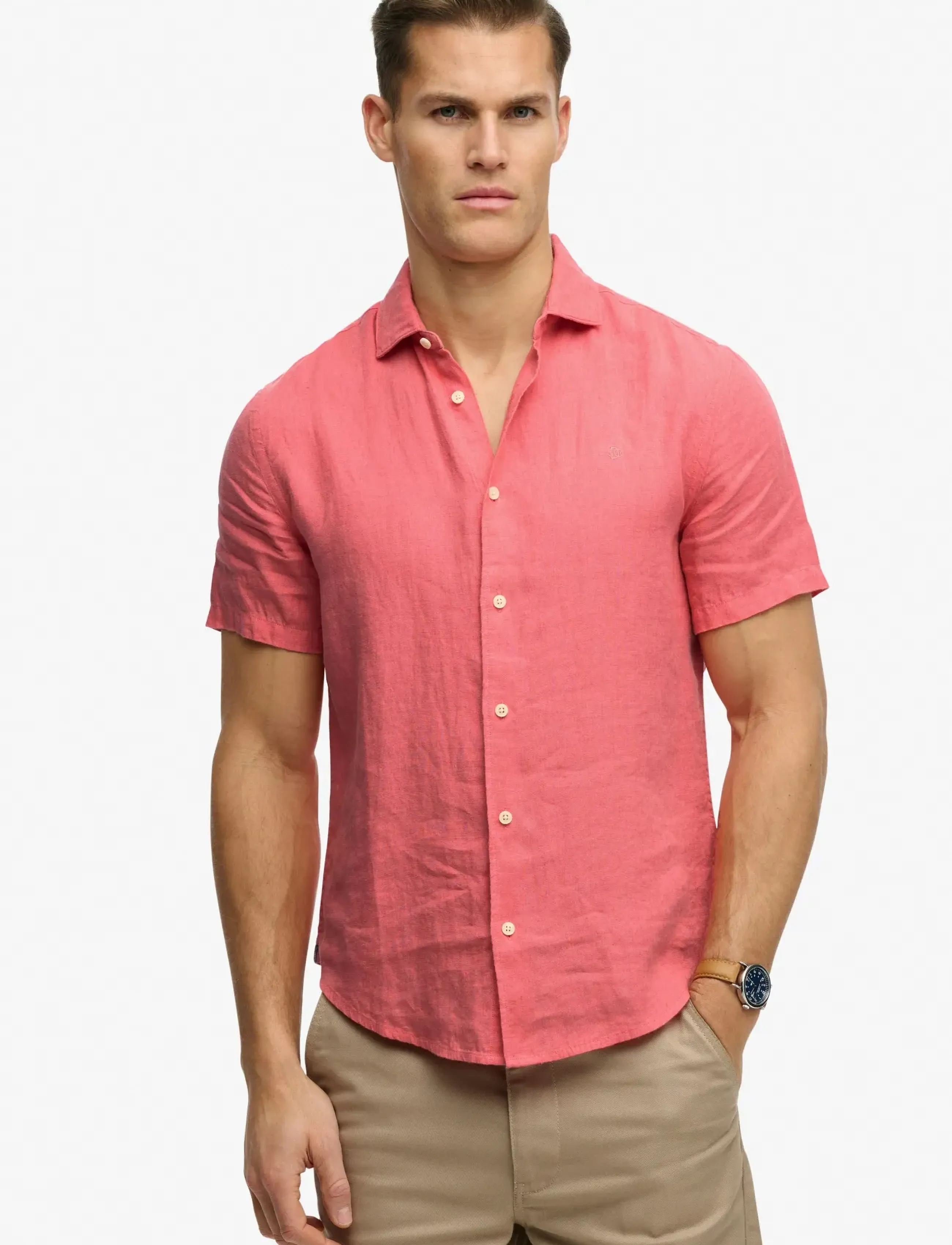 Superdry Riviera S/S Linen Shirt, S, Coral, Skjorter > Kortærmede Shirts, Herre