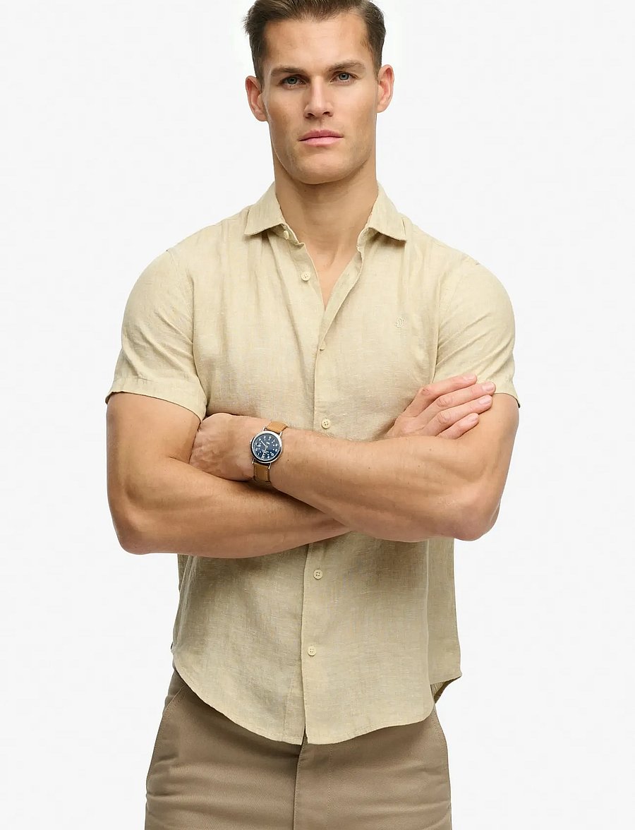 Superdry - RIVIERA S/S LINEN SHIRT - kortärmade skjortor - tan chambray - 0