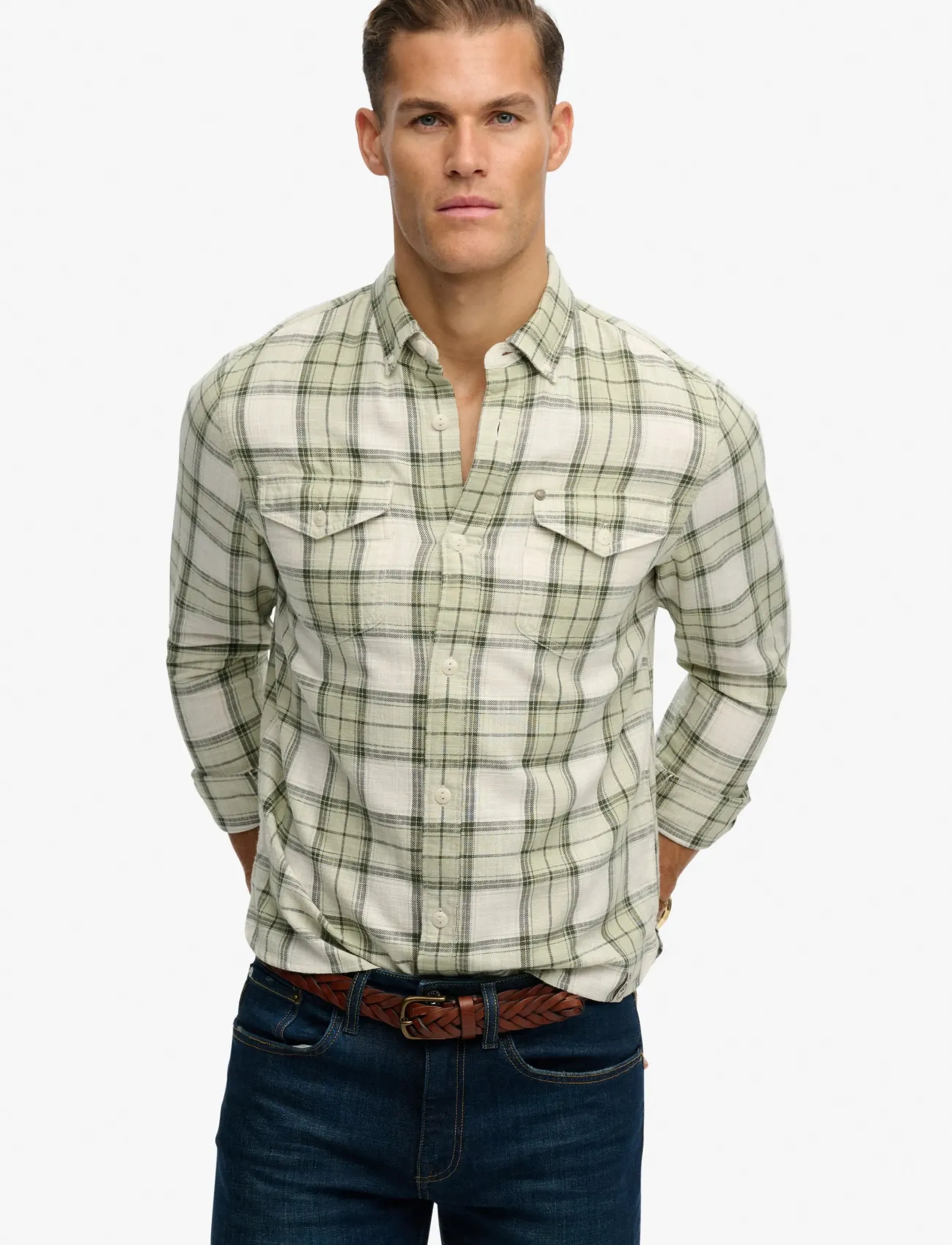 Superdry MERCHANT LITE CHECK SHIRT - Casual skjorter - CEDAR CHECK SAGE / cream