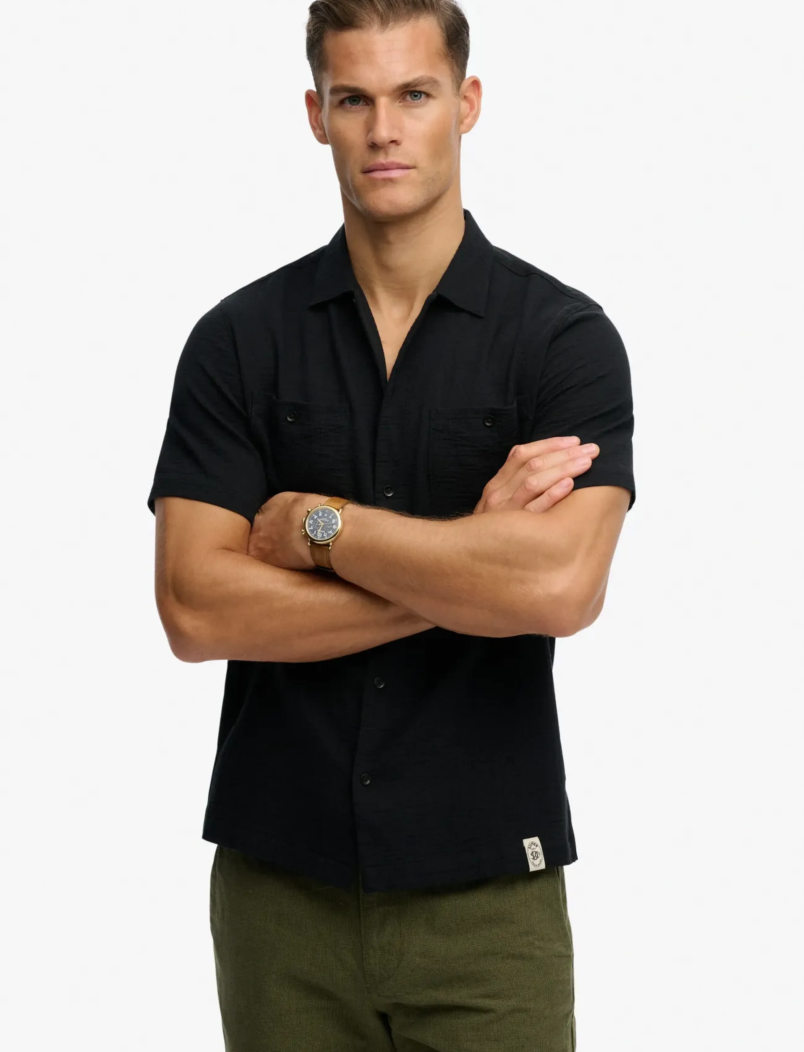 Superdry Merchant Textured S/S Shirt, XL, Black, Skjorter > Kortærmede Shirts, Herre