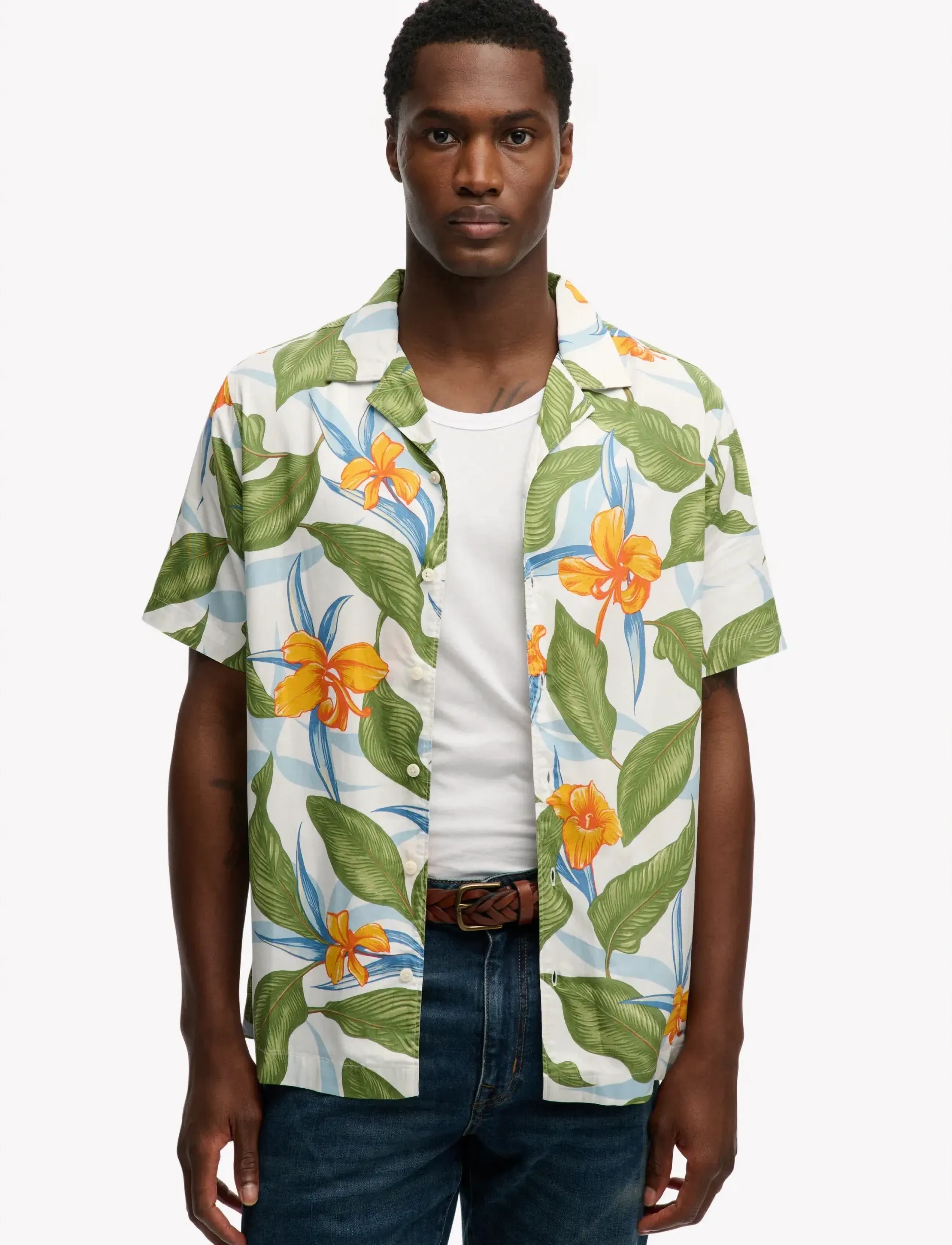 Superdry Hawaiian Print S/S Shirt, Mænd, Hawaiisk Print Skjorte, Hvid, Str: L