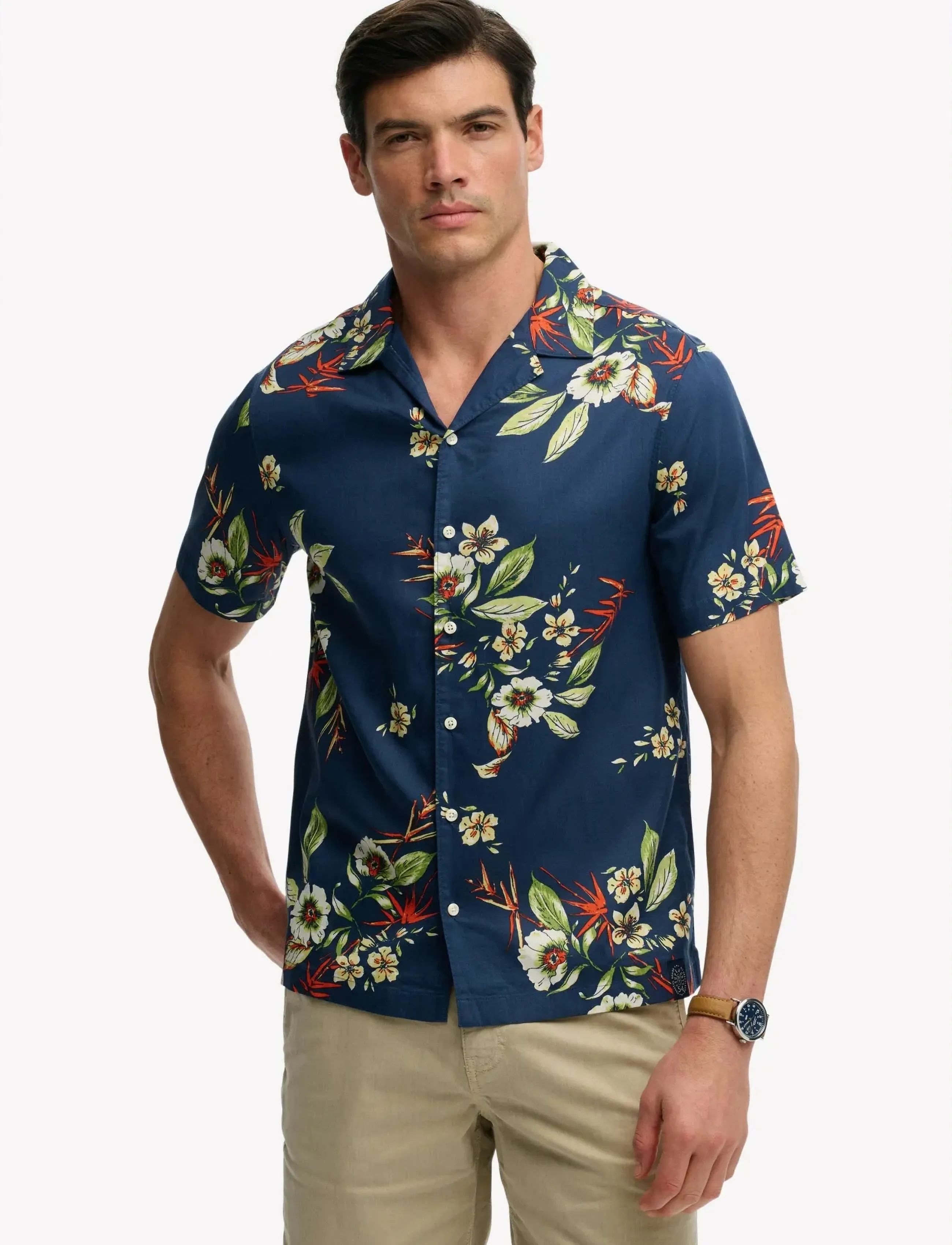 Superdry Hawaiian Print S/S Shirt, Mænd, Hawaiisk Print Skjorte, Navy, Str: XL