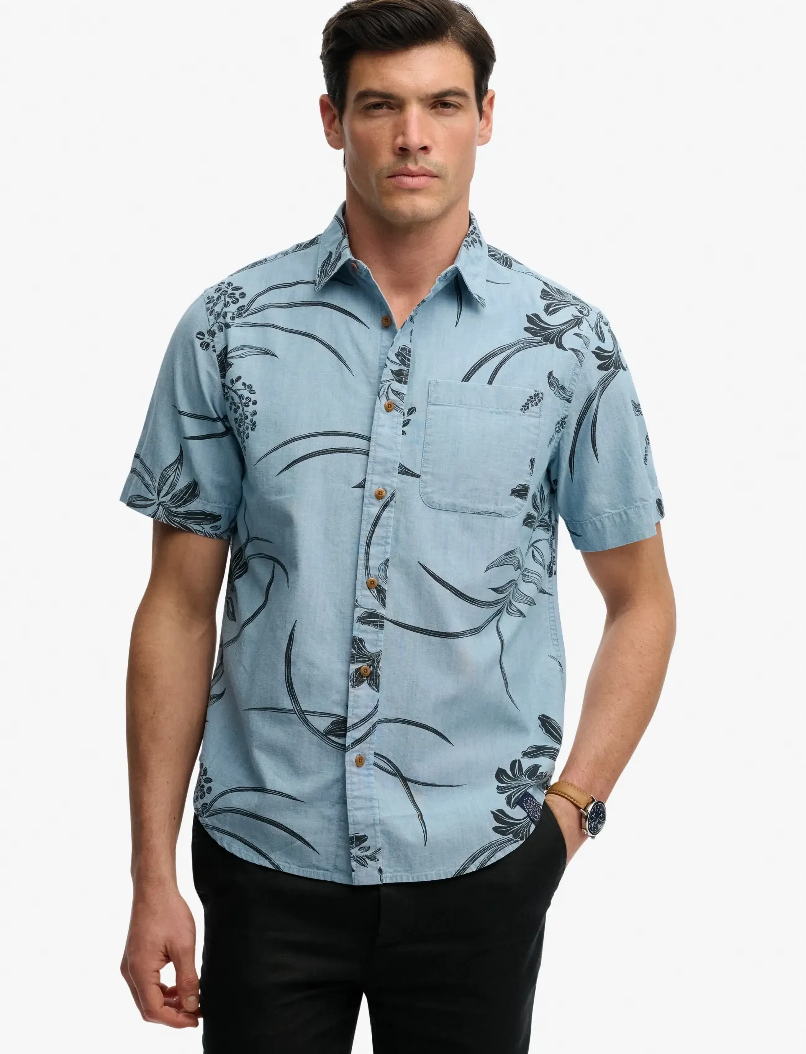 Superdry VINTAGE LOOM S/S SHIRT - Drabužiai - MID WASH BLUE HAWAIIAN / blue