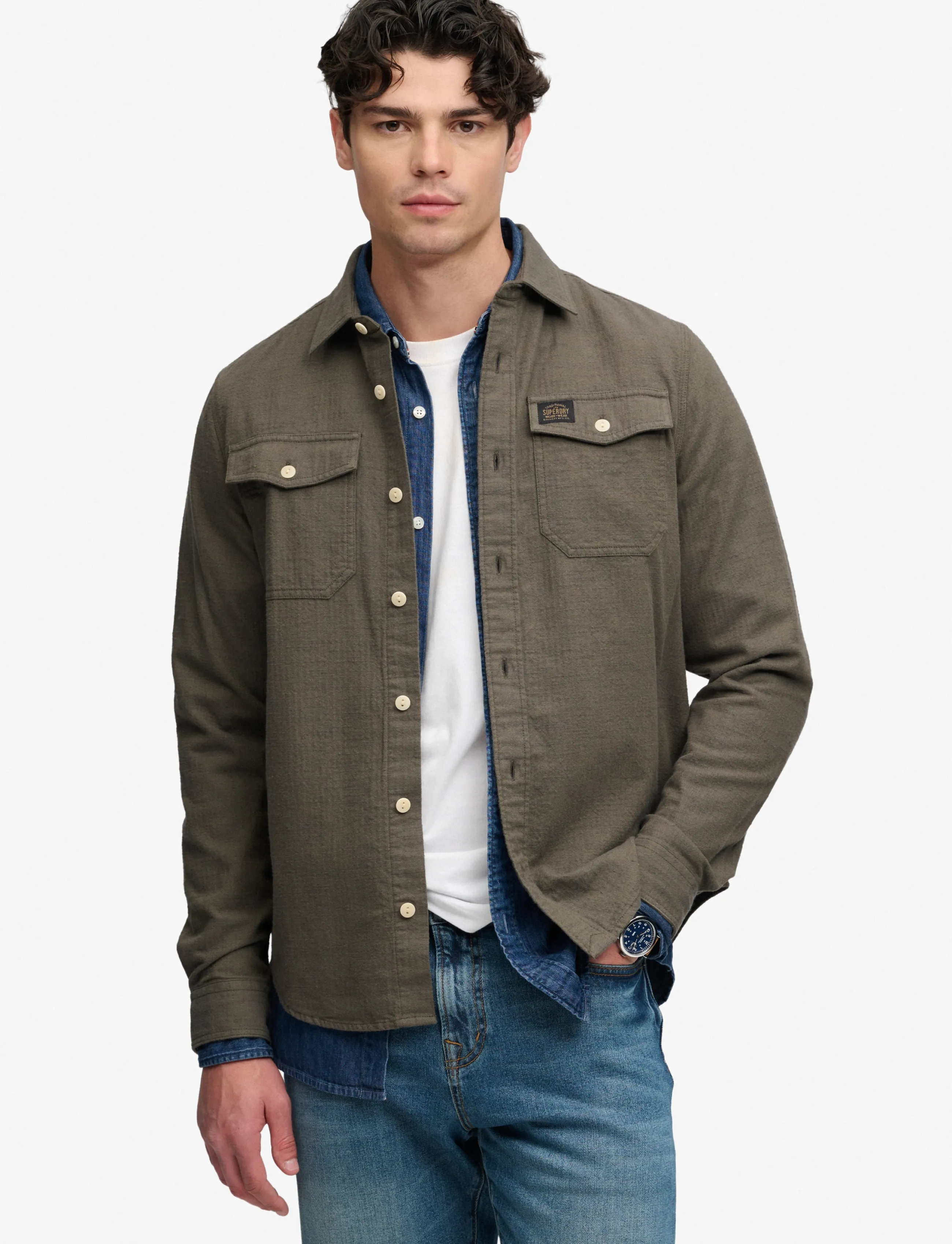 Superdry HERRINGBONE WORKWEAR SHIRT - Freizeithemden - OLIVE GREEN SLUB / khaki/green