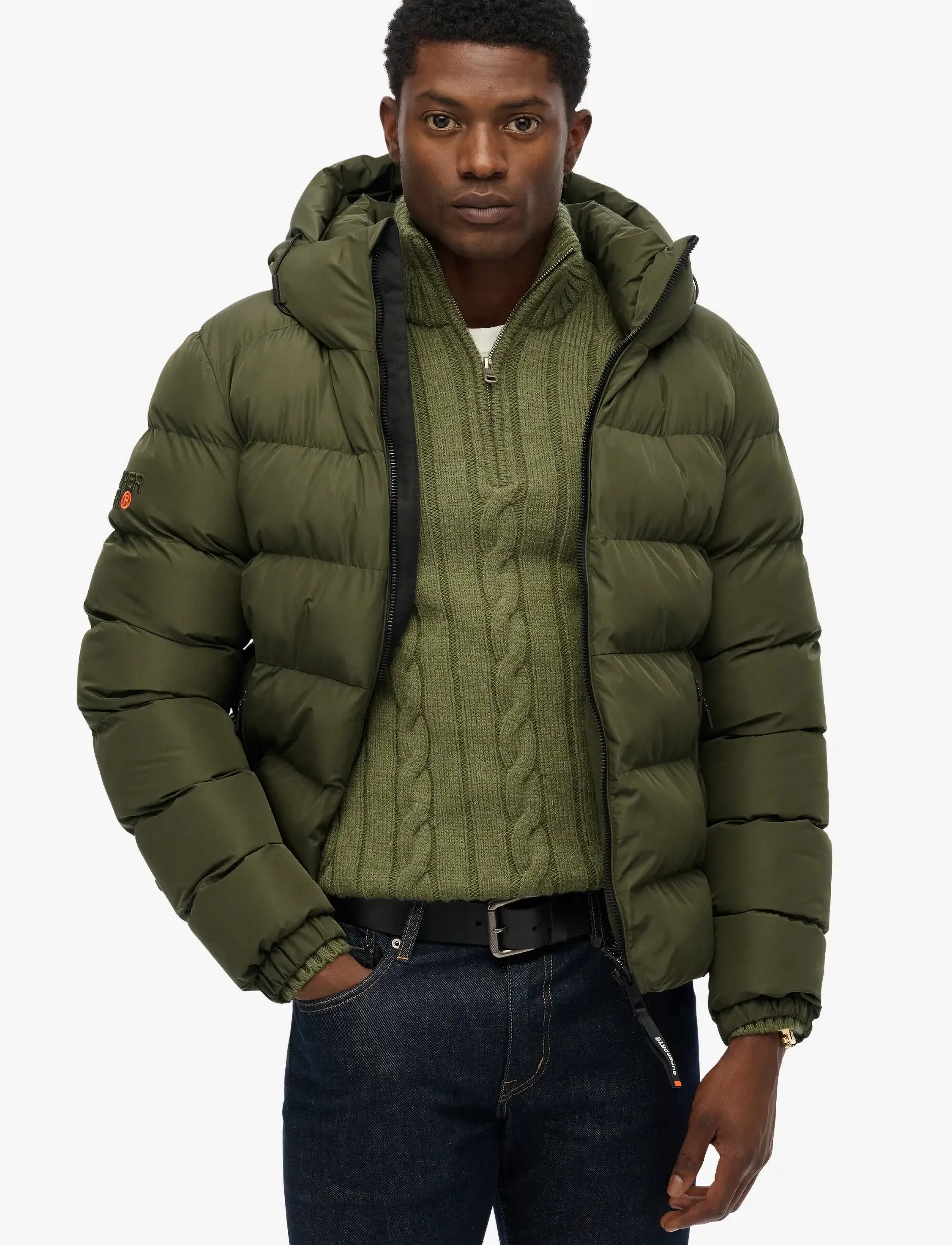 Superdry Hooded Sports Puffer Jacket, S, Jackets, Khakigrün - Padded Männerswear