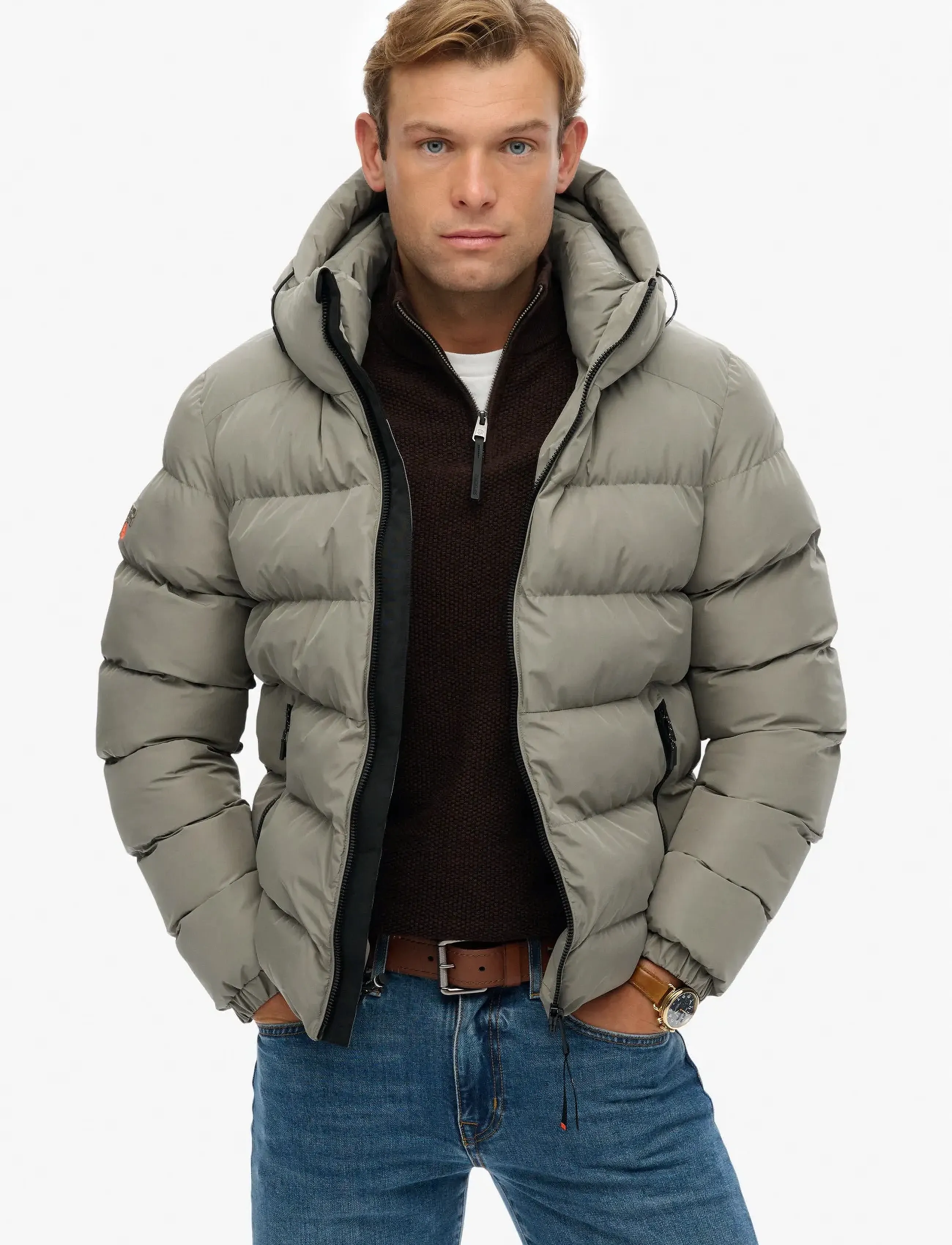 Superdry HOODED SPORTS PUFFER JACKET - Winterjacken - LIGHT KHAKI GREEN / grey