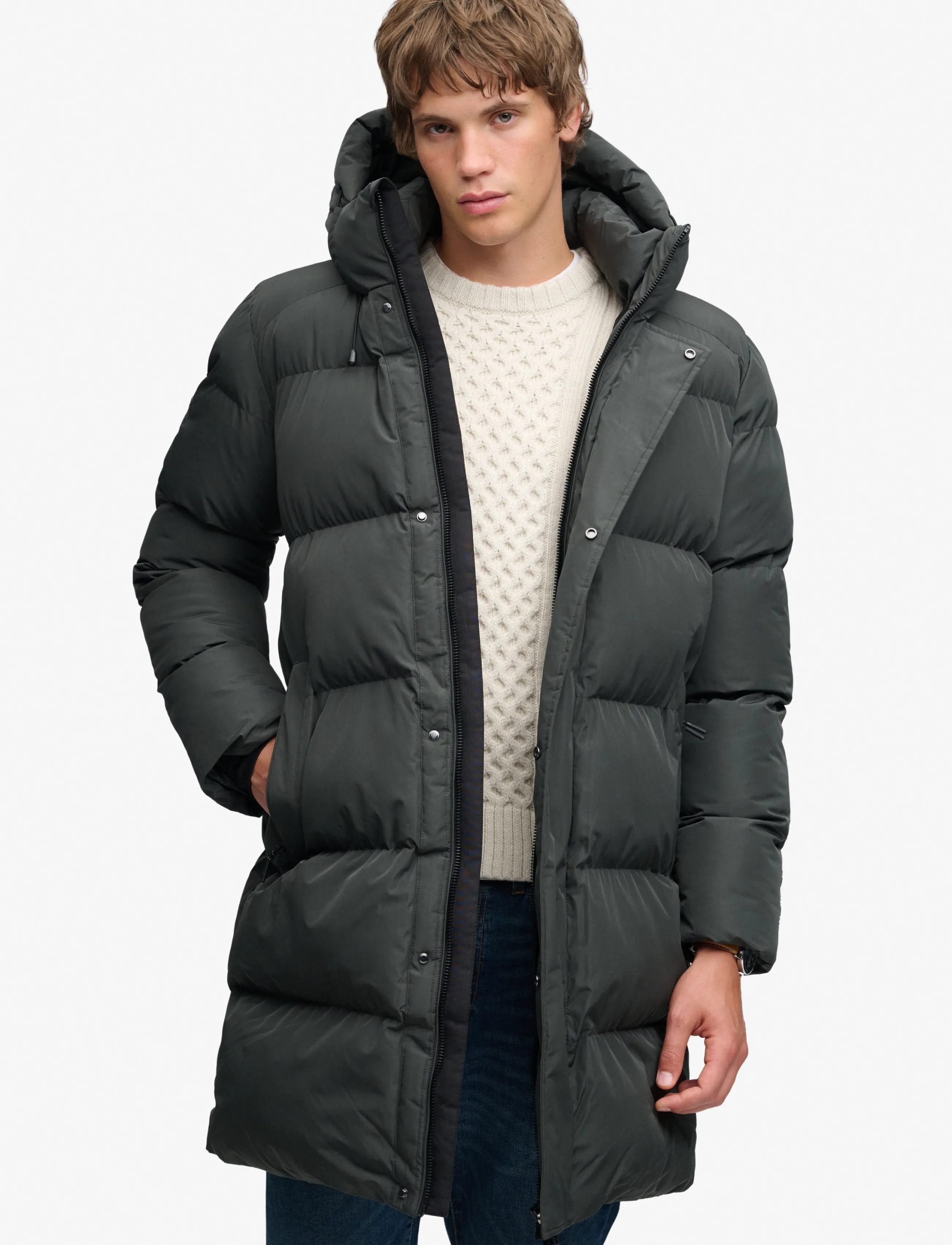 Superdry HOODED SPORTS PUFFER MID JKT - Jacken & Mäntel - HIKING KHAKI / black