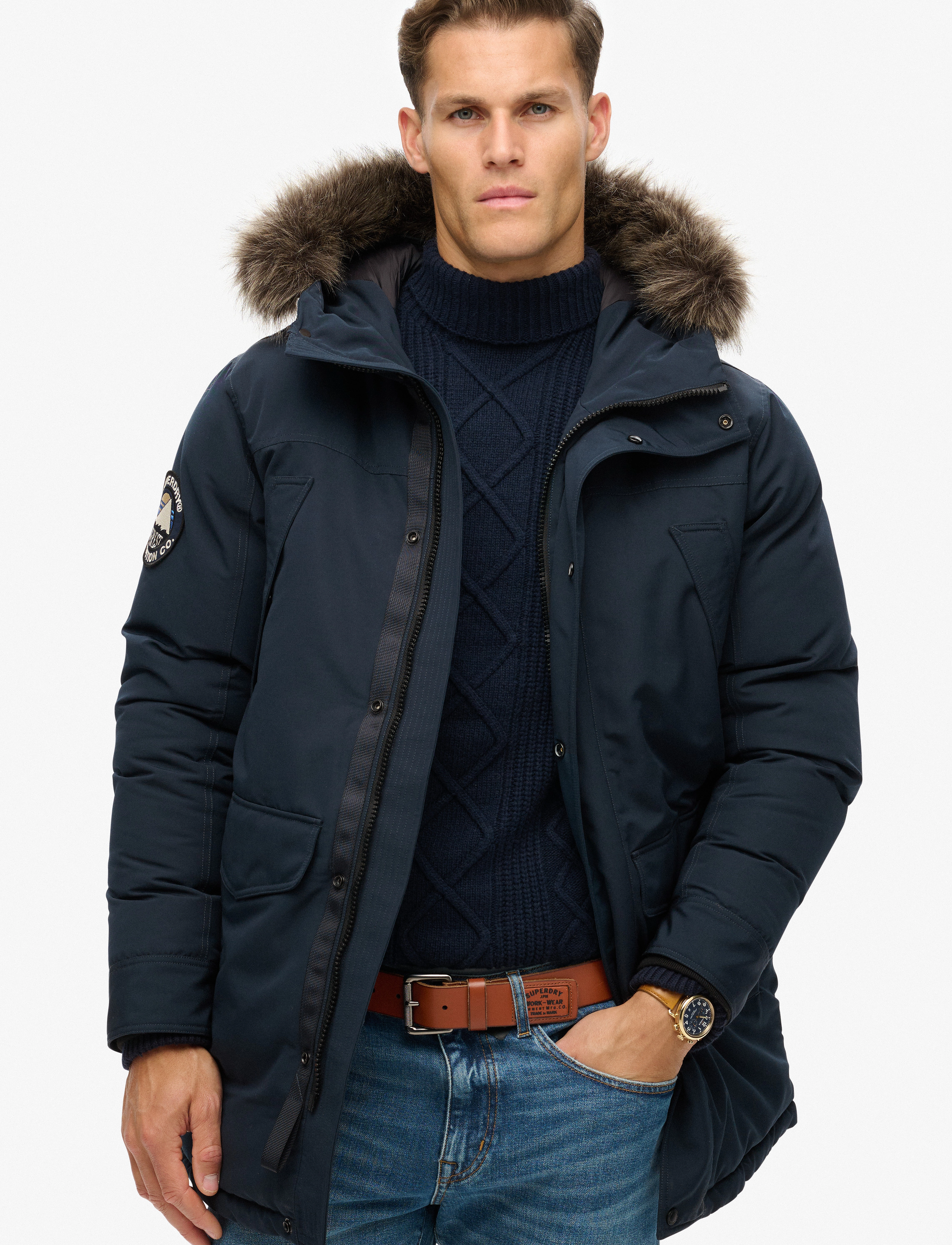 Superdry Everest Faux Fur Parka Jacket, Mænd, Faux Pels Parka Jakke, Navy, Str: S