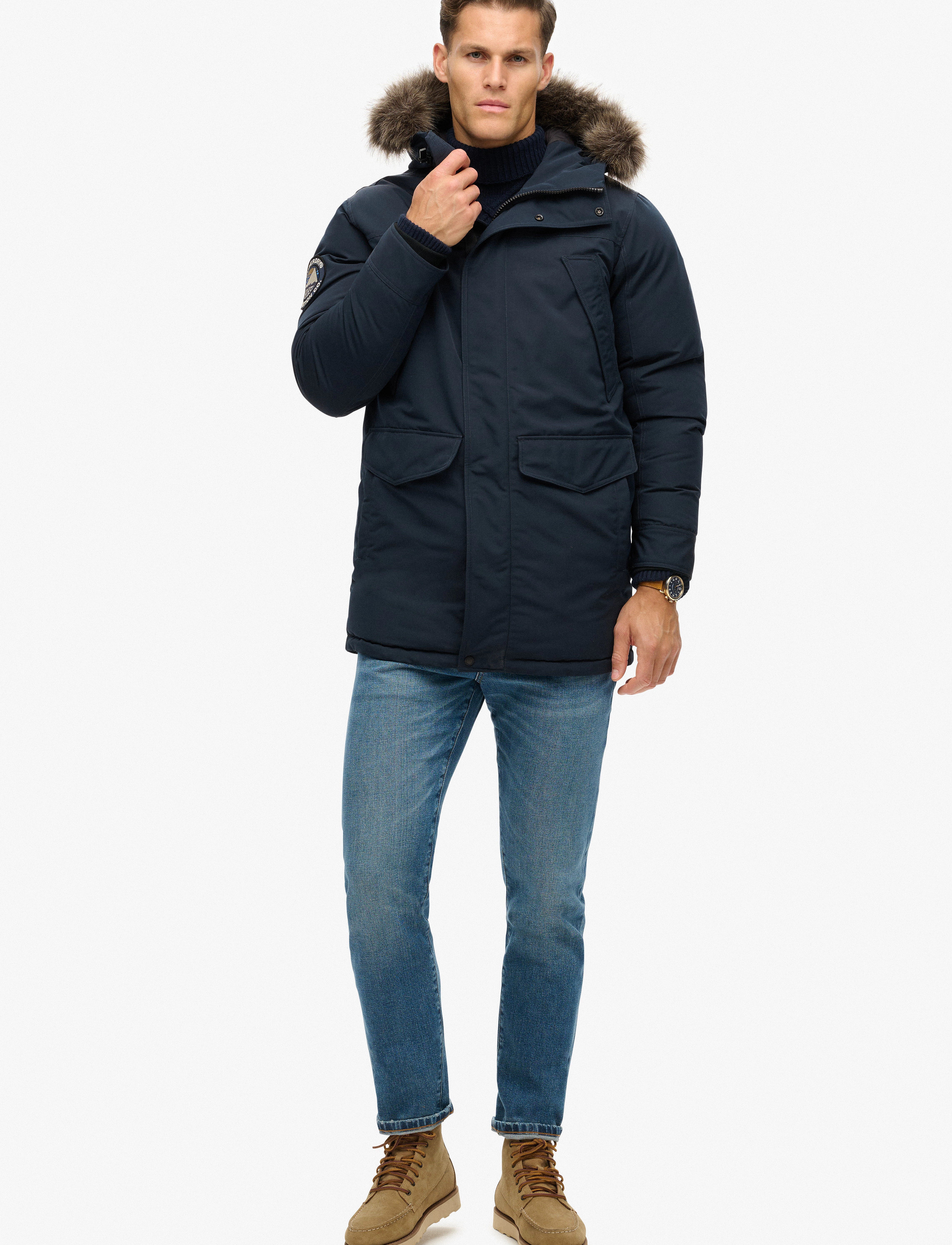 Everest marinblå parkas i syntetisk päls 3