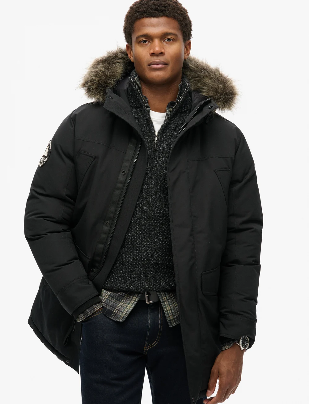 Black superdry coat with fur hood shop